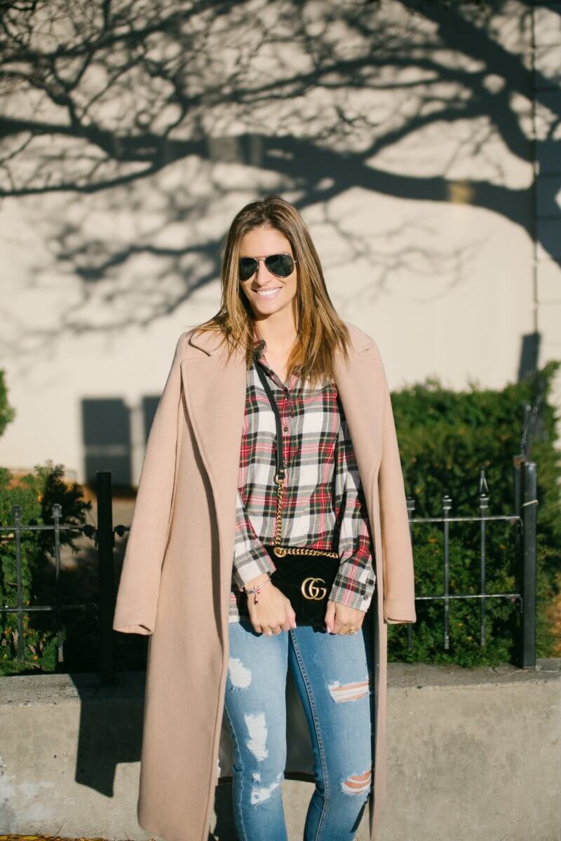 plaid shirt, camel coat, velvet gucci bag, ripped jeans, suede booties sparkleshinylove mandy furnis