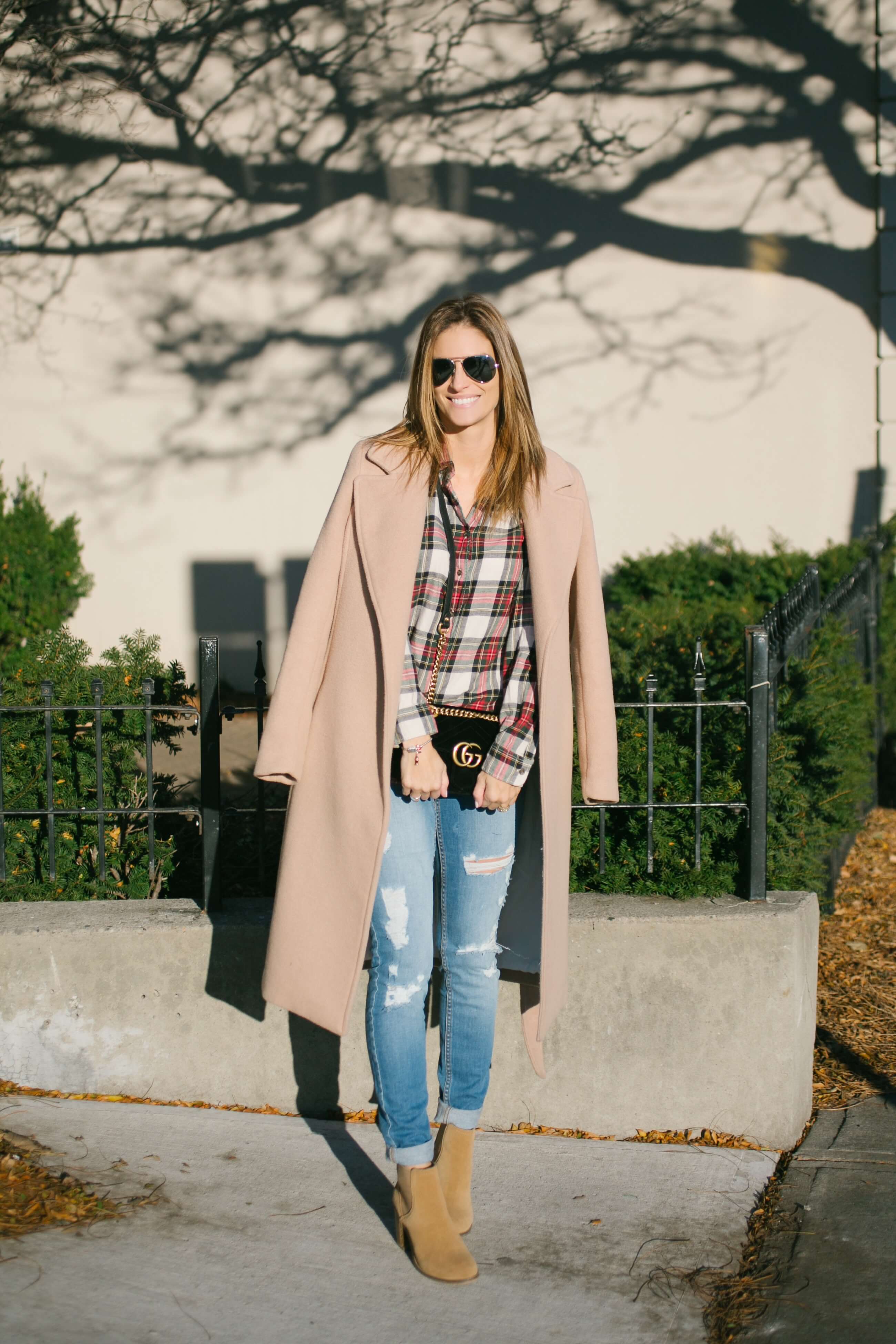 pulled together look for winter -plaid shirt, camel coat, velvet gucci bag, ripped jeans, suede booties sparkleshinylove mandy furnis