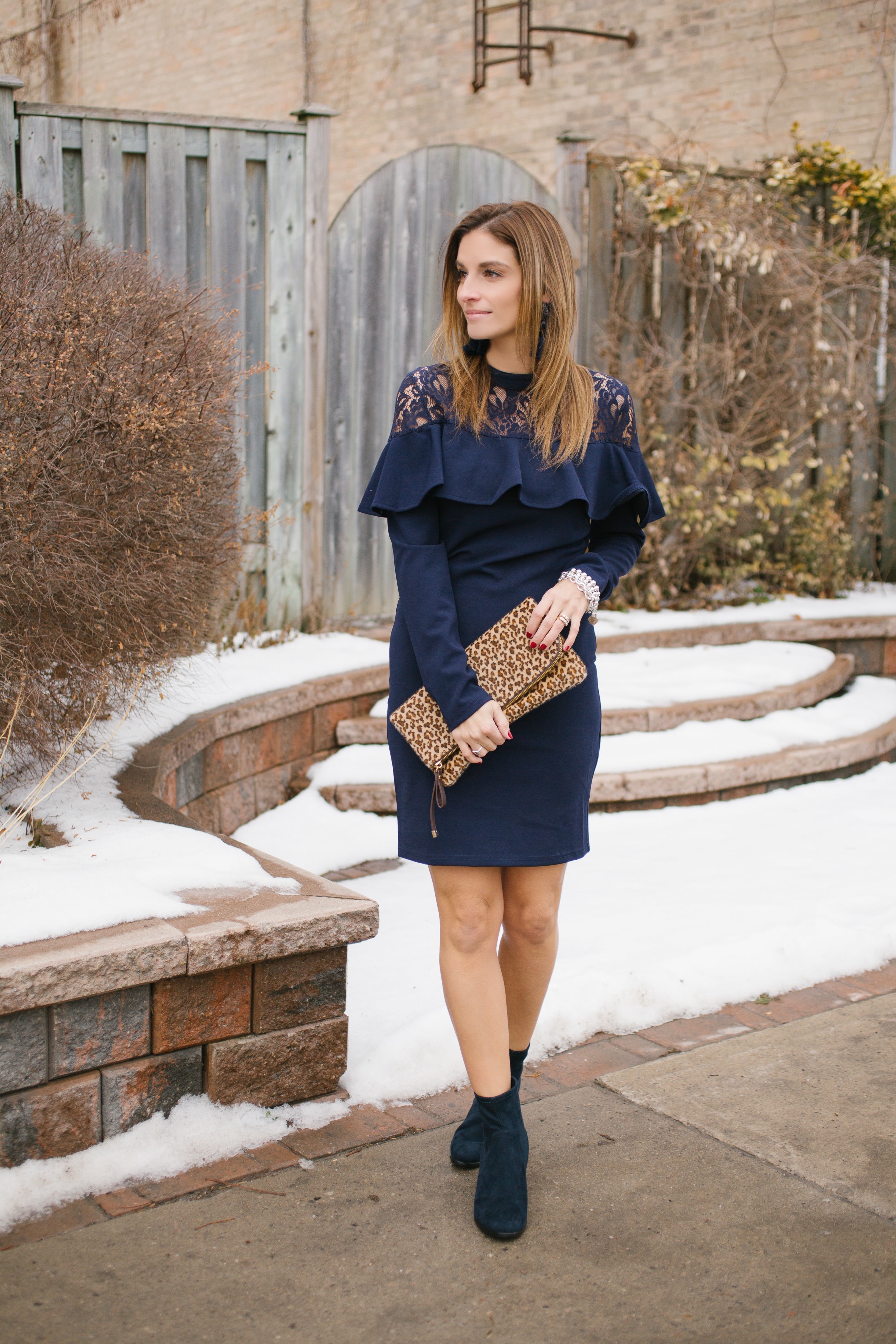 Navy Dress long sleeve dress with a frill, tassel earrings, blue velvet boots and leopard clutch - perfect winter look!