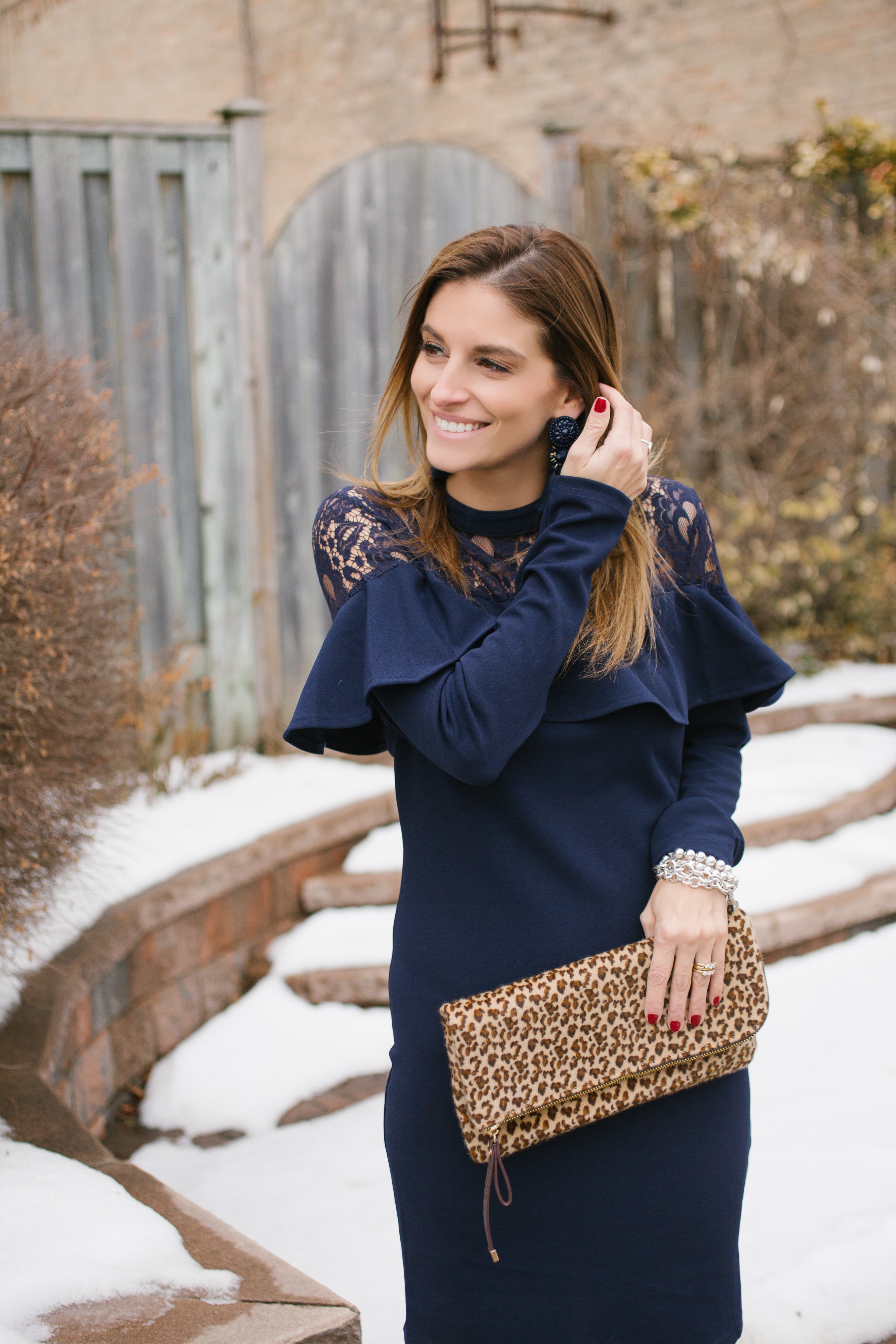 Winter dress with long sleeves; blogger style for winter; navy blue dress with frilled top