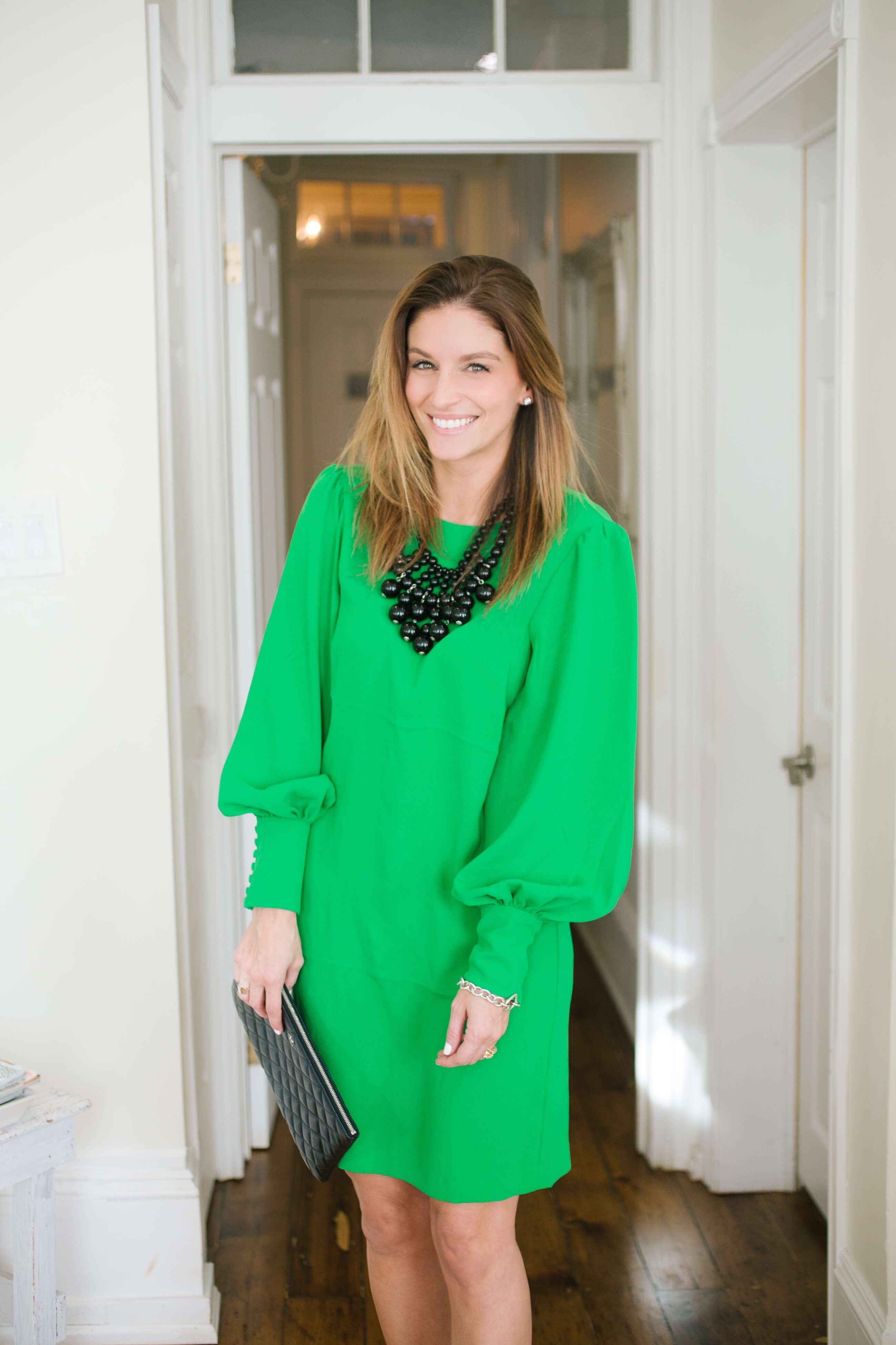 Green long sleeved dress, statement necklace, black sock booties, chanel clutch sparkleshinylove Mandy Furnis