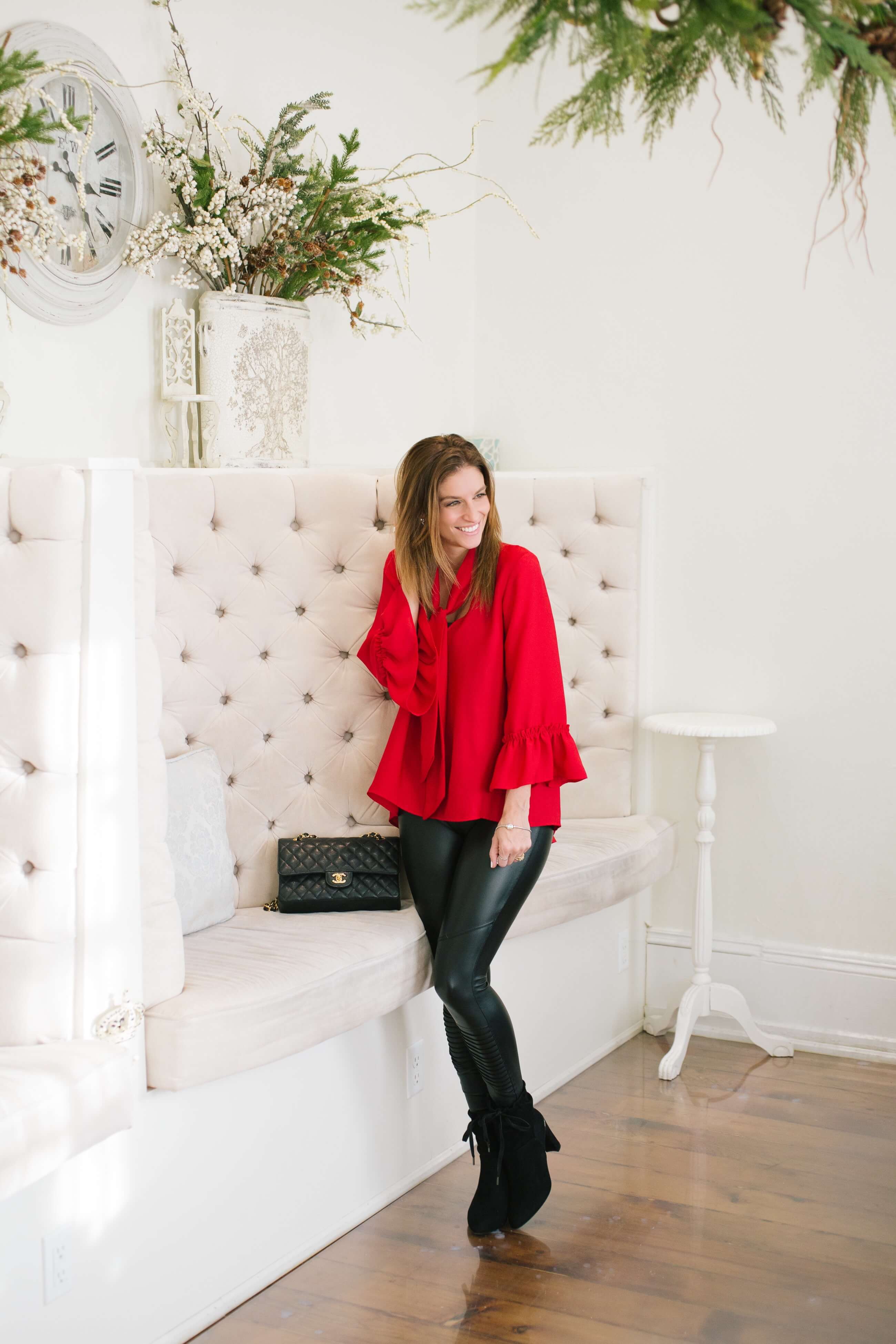 Valentine’s Day date night look with leather leggings and red blouse sparkleshinylove Mandy Furnis