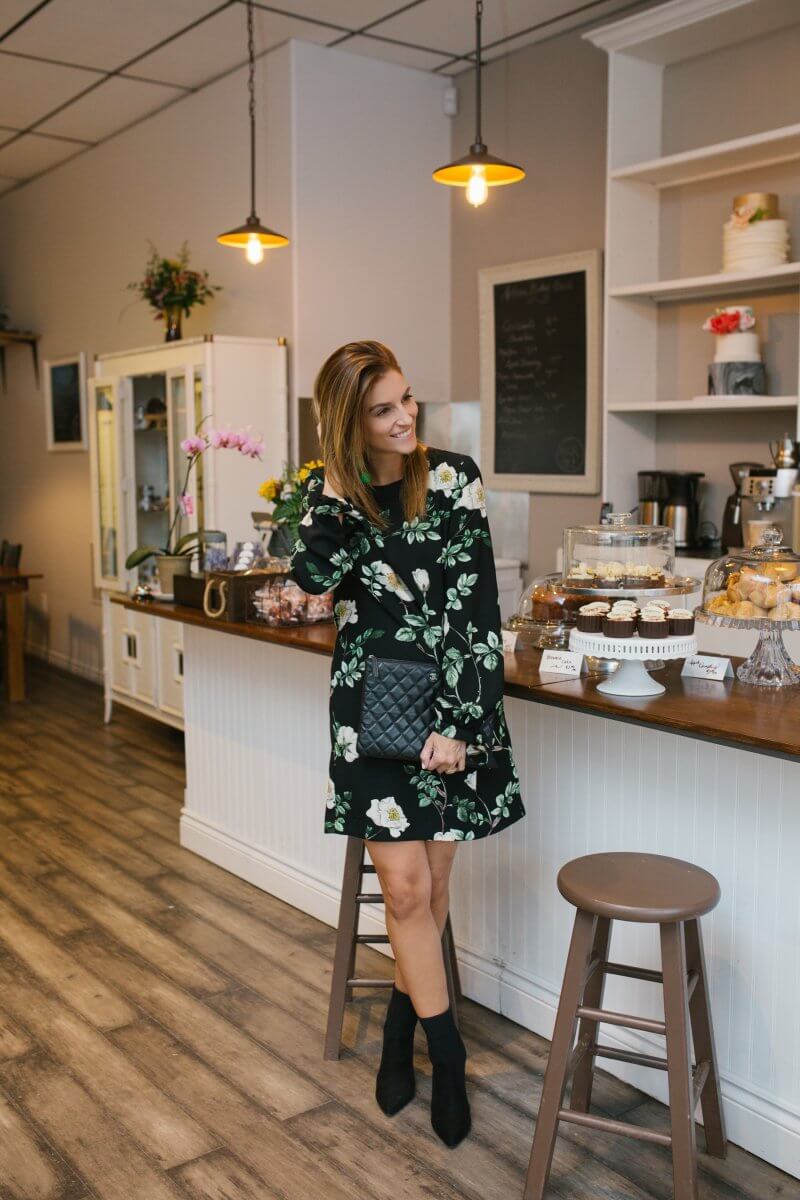 H&M Long sleeved floral dress, sock booties, quilted chanel clutch, green drop earrings; sparkleshinylove Mandy Furnis; M&R Cakes and Cafe
