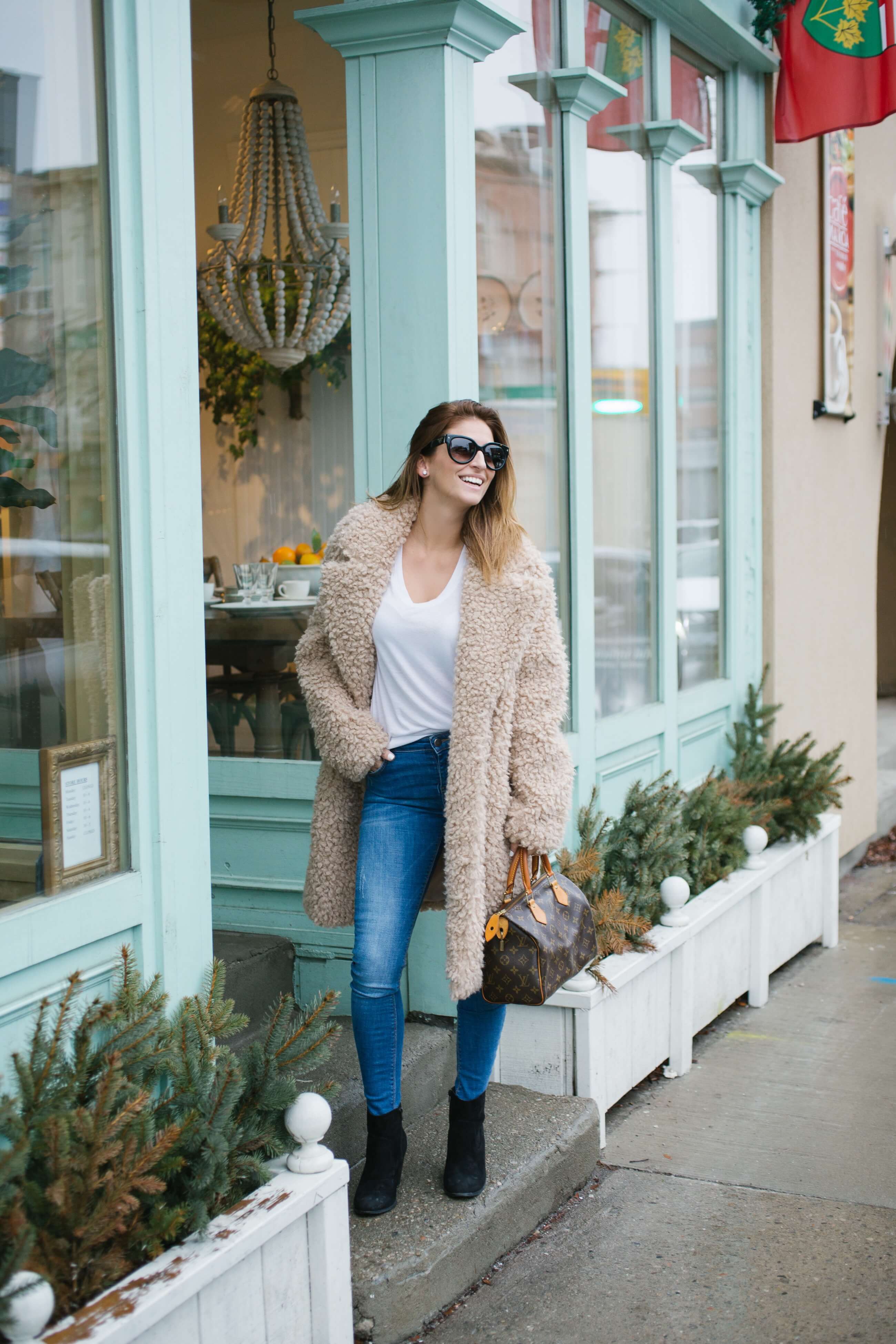 Spring style with teddy bear coat, jeans, t-shirt, and booties.  Louis Vuitton speedy - easy spring style sparkleshinylove Mandy Furnis