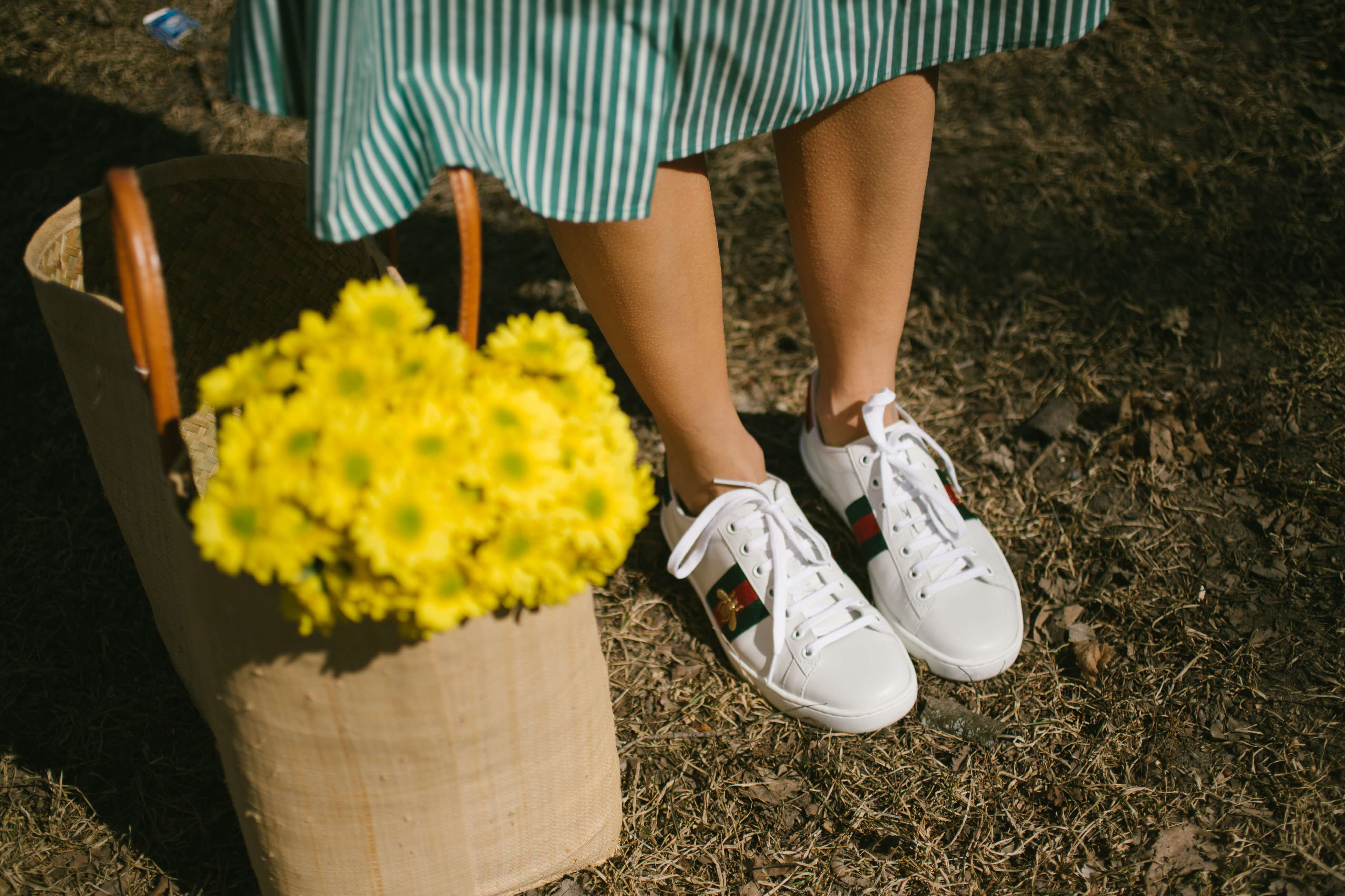 Pretty spring dresses! Green and white striped collared dress, market bag, flowers, J.Crew jean jacket and gucci sneakers; mandy furnis sparkleshinylove