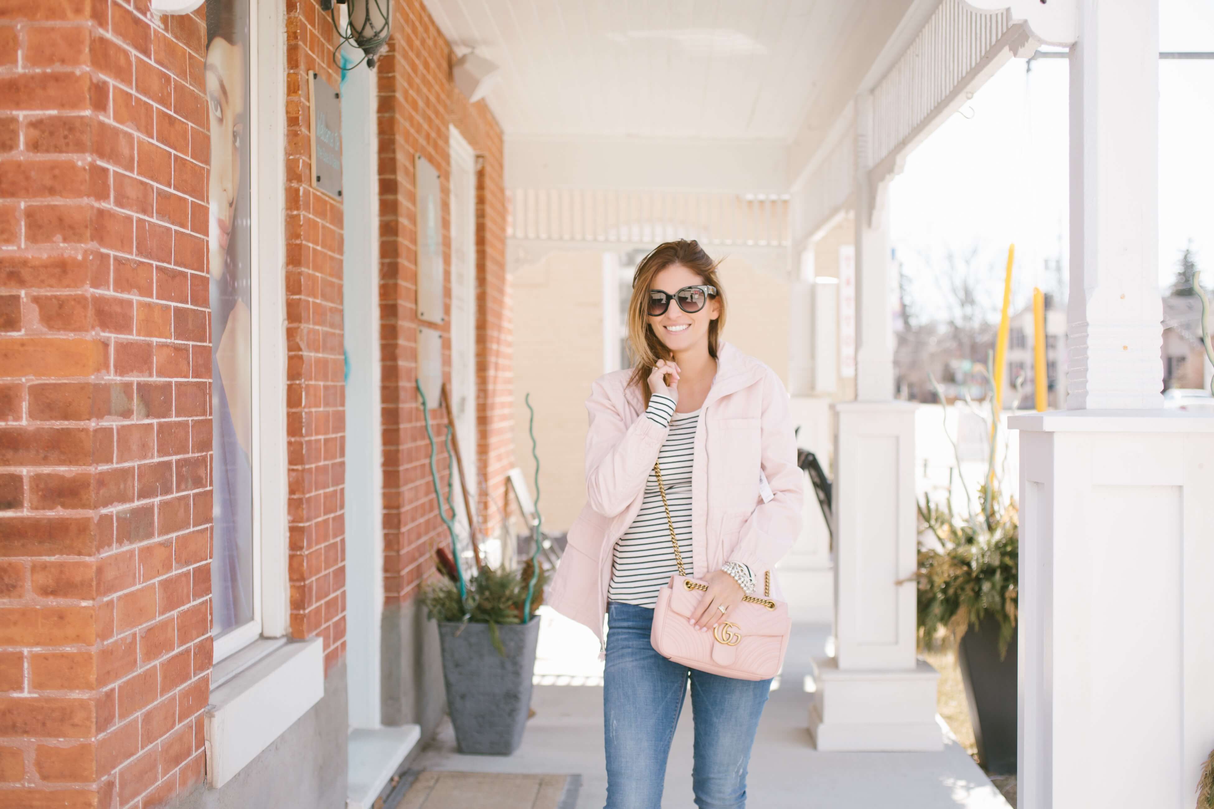 Pink rubber boots; pink spring jacket and pink boots; Pink Old Navy Twill Field Jacket, Pink Gucci Marmont bag, Cougar Kensington Chelsea Boots; Mandy Furnis sparkleshinylove