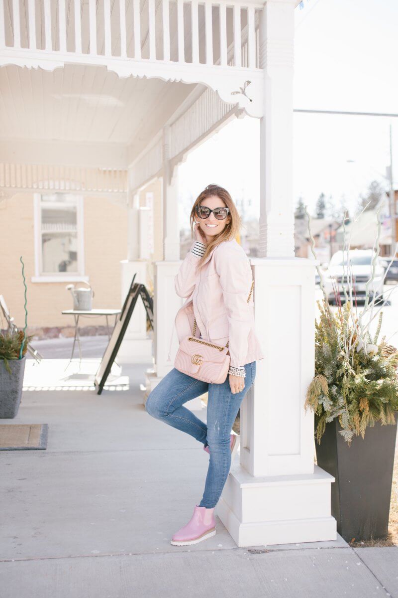 Pink rubber boots; pink spring jacket and pink boots; Pink Old Navy Twill Field Jacket, Pink Gucci Marmont bag, Cougar Kensington Chelsea Boots; Mandy Furnis sparkleshinylove