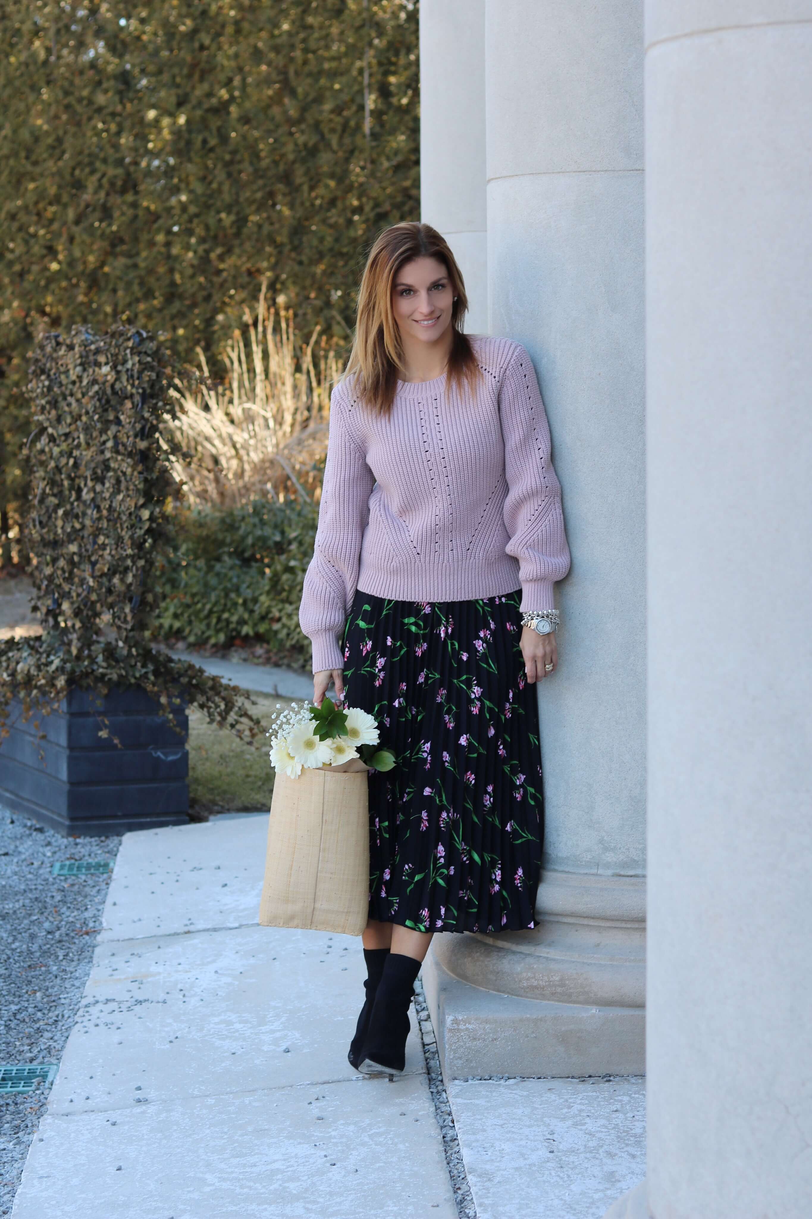 Spring look with long pleated floral skirt and mauve sweater from H&M, Bulova Women's Crystal TurnStyle Watch; Mandy Furnis sparkleshinylove