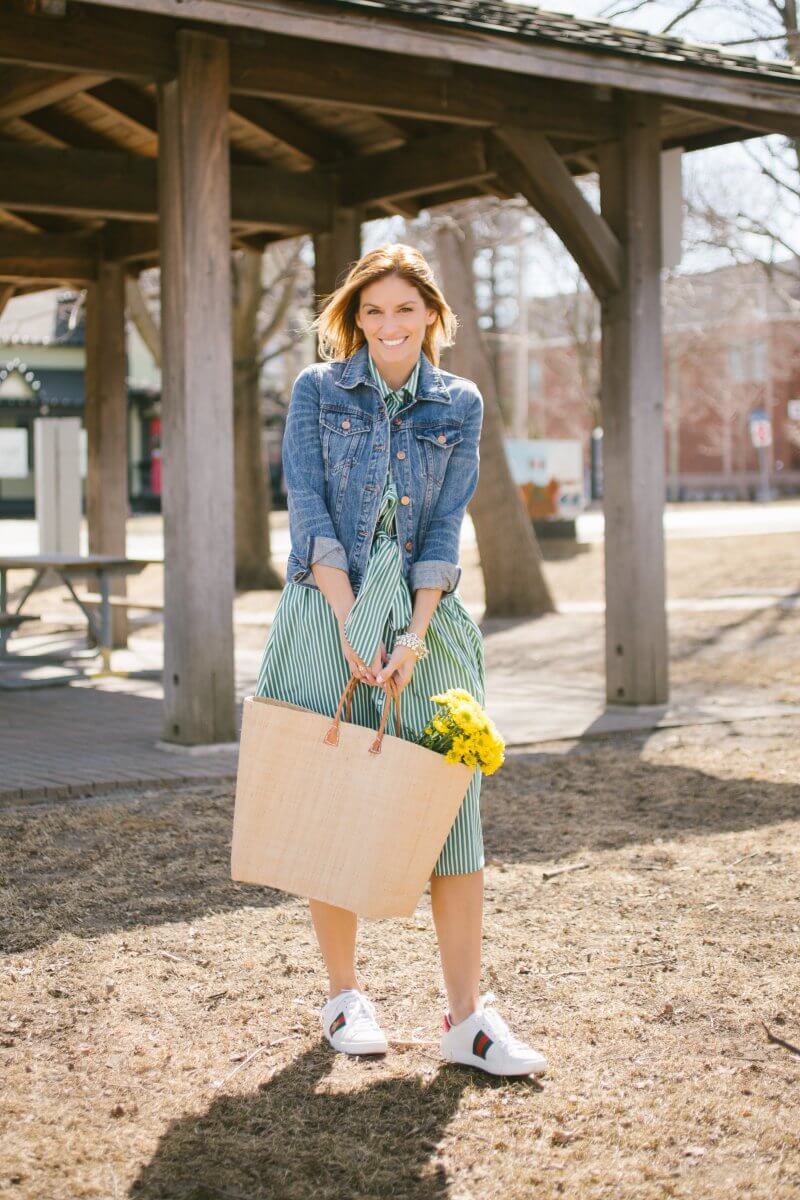 Pretty spring dresses! Green and white striped collared dress, market bag, flowers, J.Crew jean jacket and gucci sneakers; mandy furnis sparkleshinylove