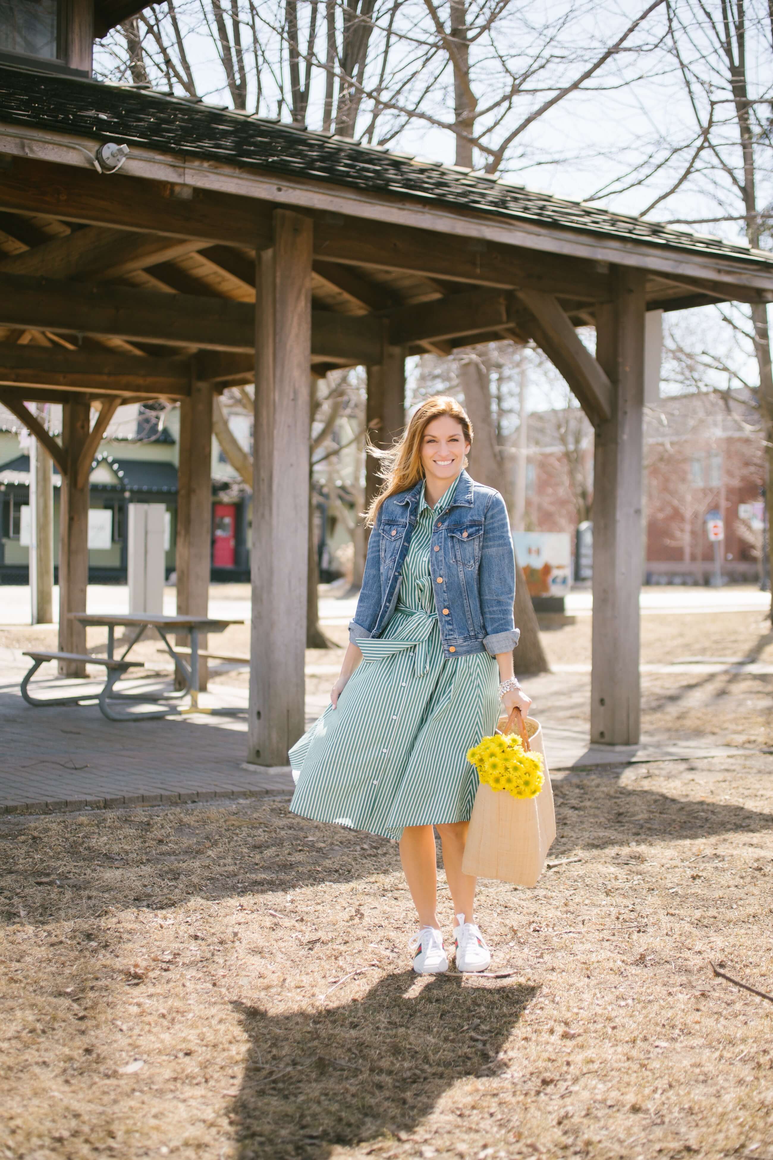 Pretty spring dresses!  Green and white striped collared dress, market bag, flowers, J.Crew jean jacket and gucci sneakers; mandy furnis sparkleshinylove