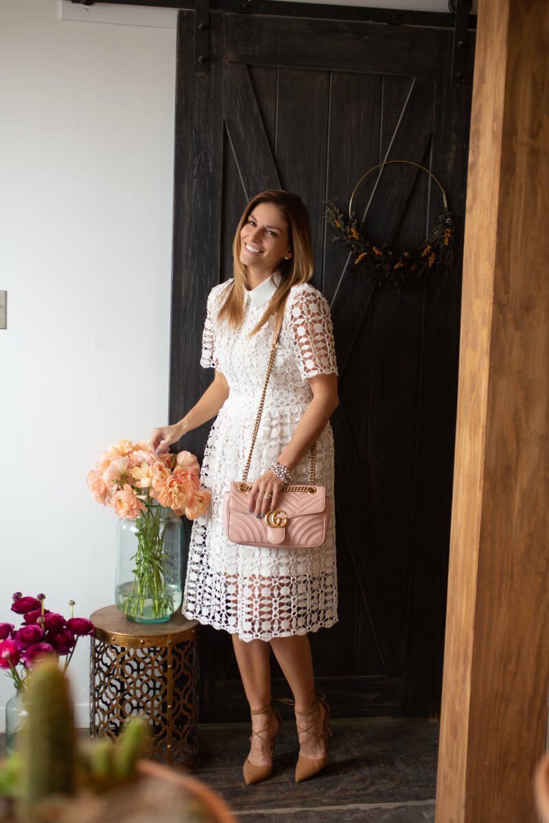 Pretty spring dress; Chicwish splendid crochet white dress, lace up nude heels, pink Gucci Marmont bag; Mandy Furnis sparkleshinylove; whitby blogger