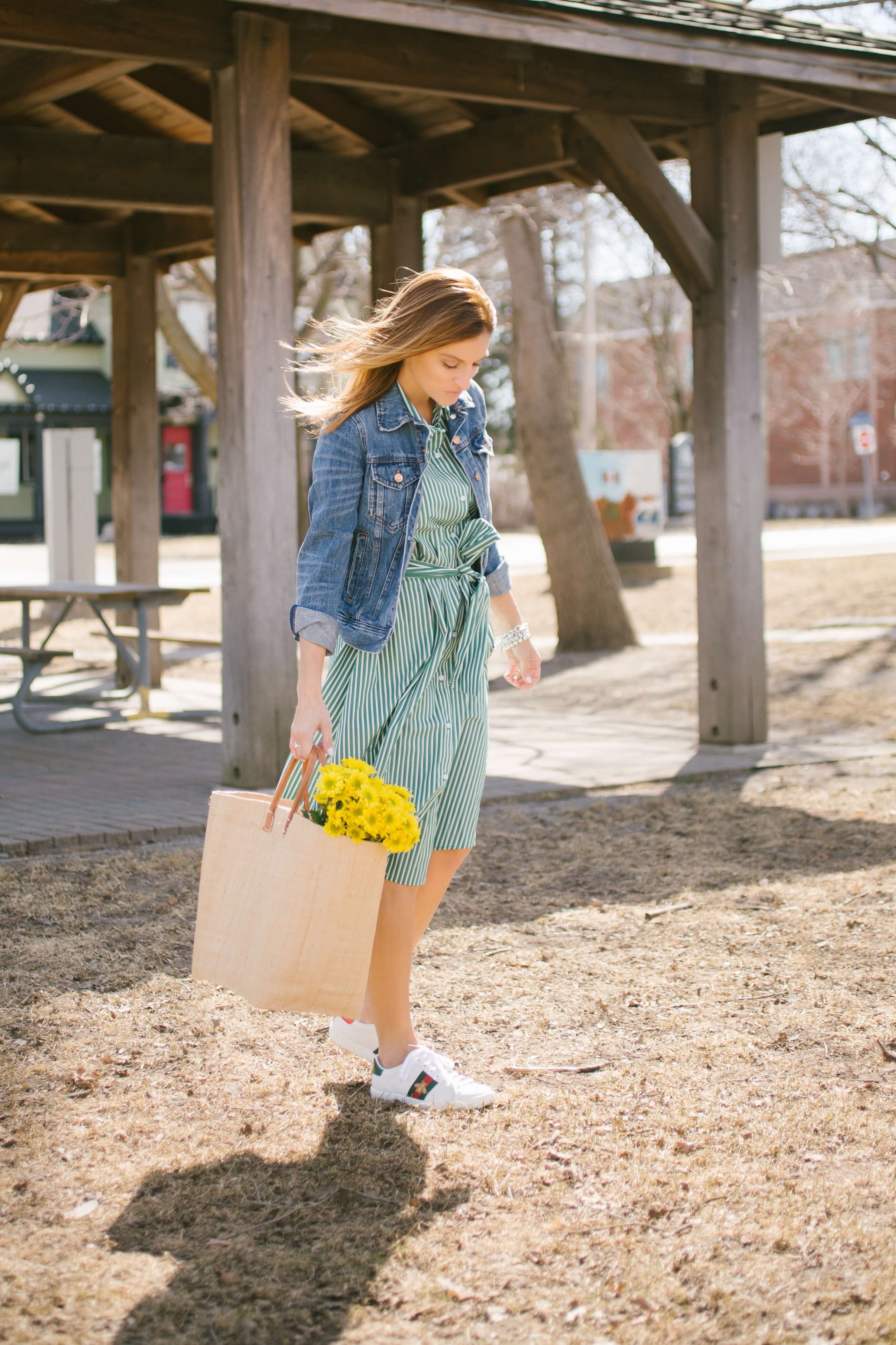 Pretty spring dresses!  Green and white striped collared dress, market bag, flowers, J.Crew jean jacket and gucci sneakers; mandy furnis sparkleshinylove