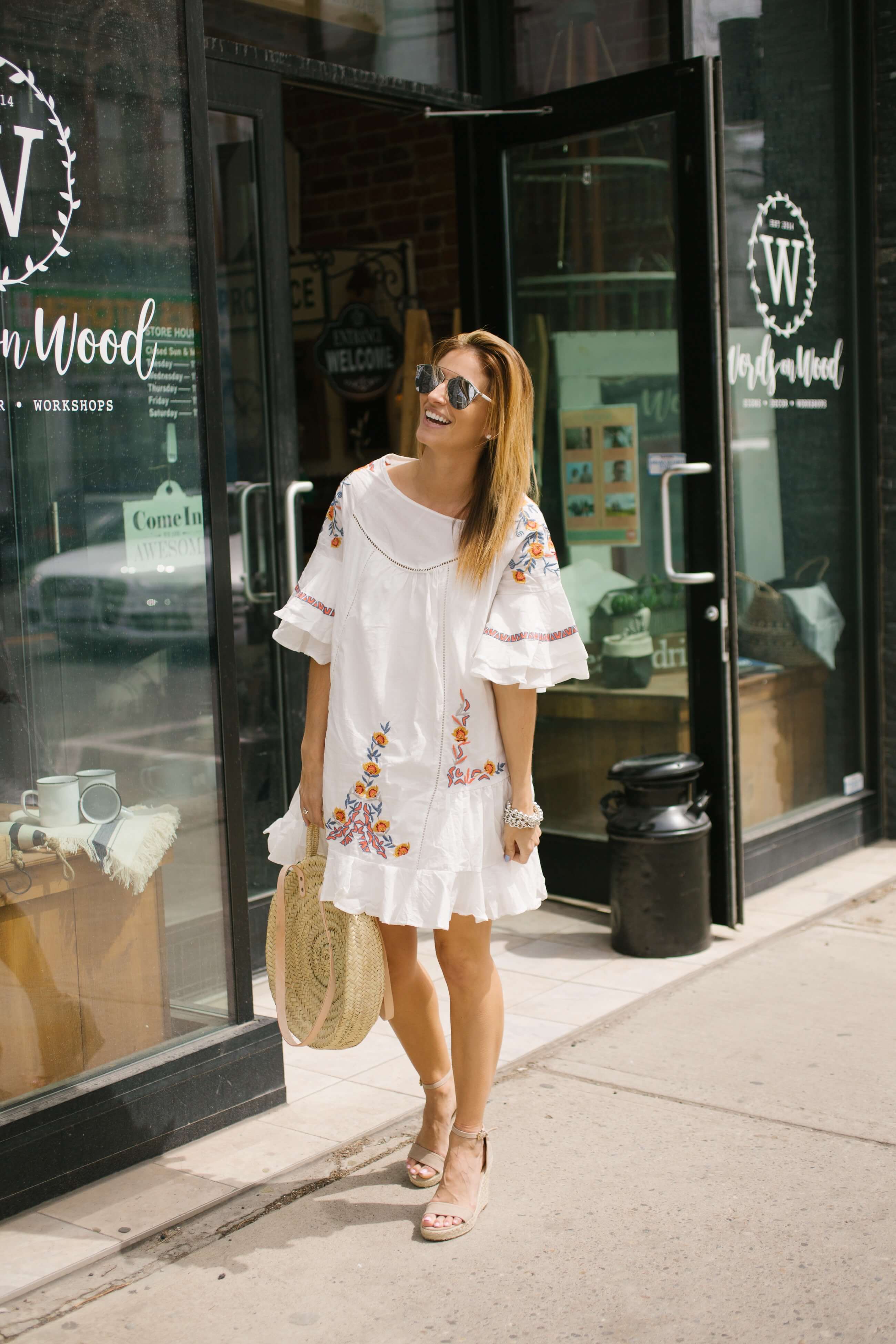 White summer floral dress; round straw bag; dior so real sunglasses; summer dress; summer blogger style; sparkleshinylove Mandy Furnis