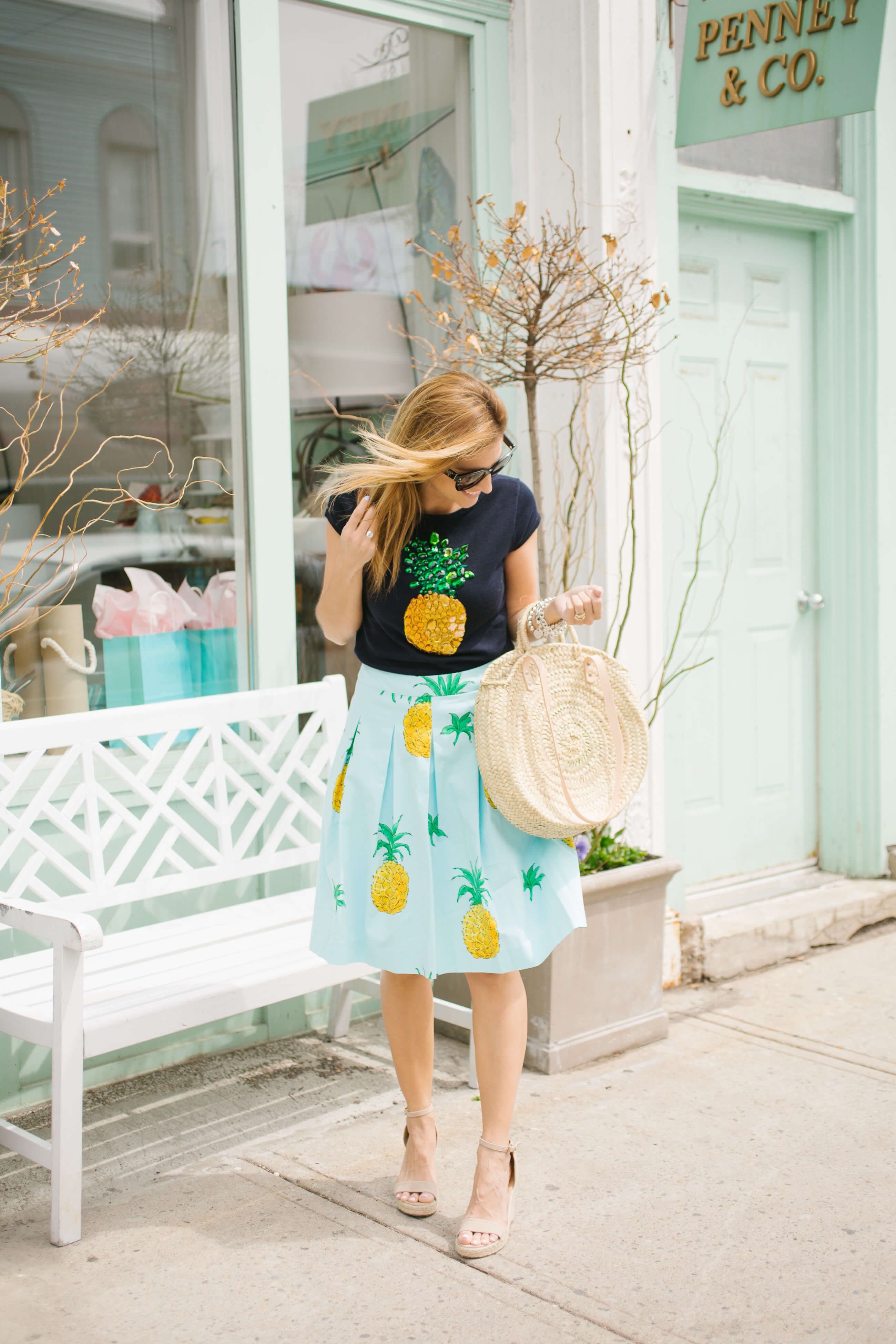 the cutest pineapple look ever!  Pineapple print blue midi skirt, pineapple t-shirt, espadrilles, and round straw bag; Mandy Furnis sparkleshinylove