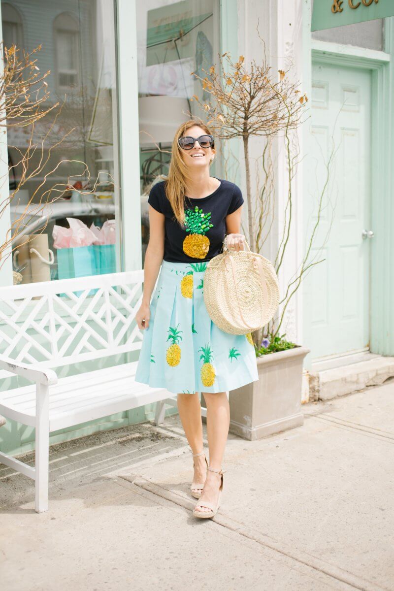 the cutest pineapple look ever! Pineapple print blue midi skirt, pineapple t-shirt, espadrilles, and round straw bag; Mandy Furnis sparkleshinylove