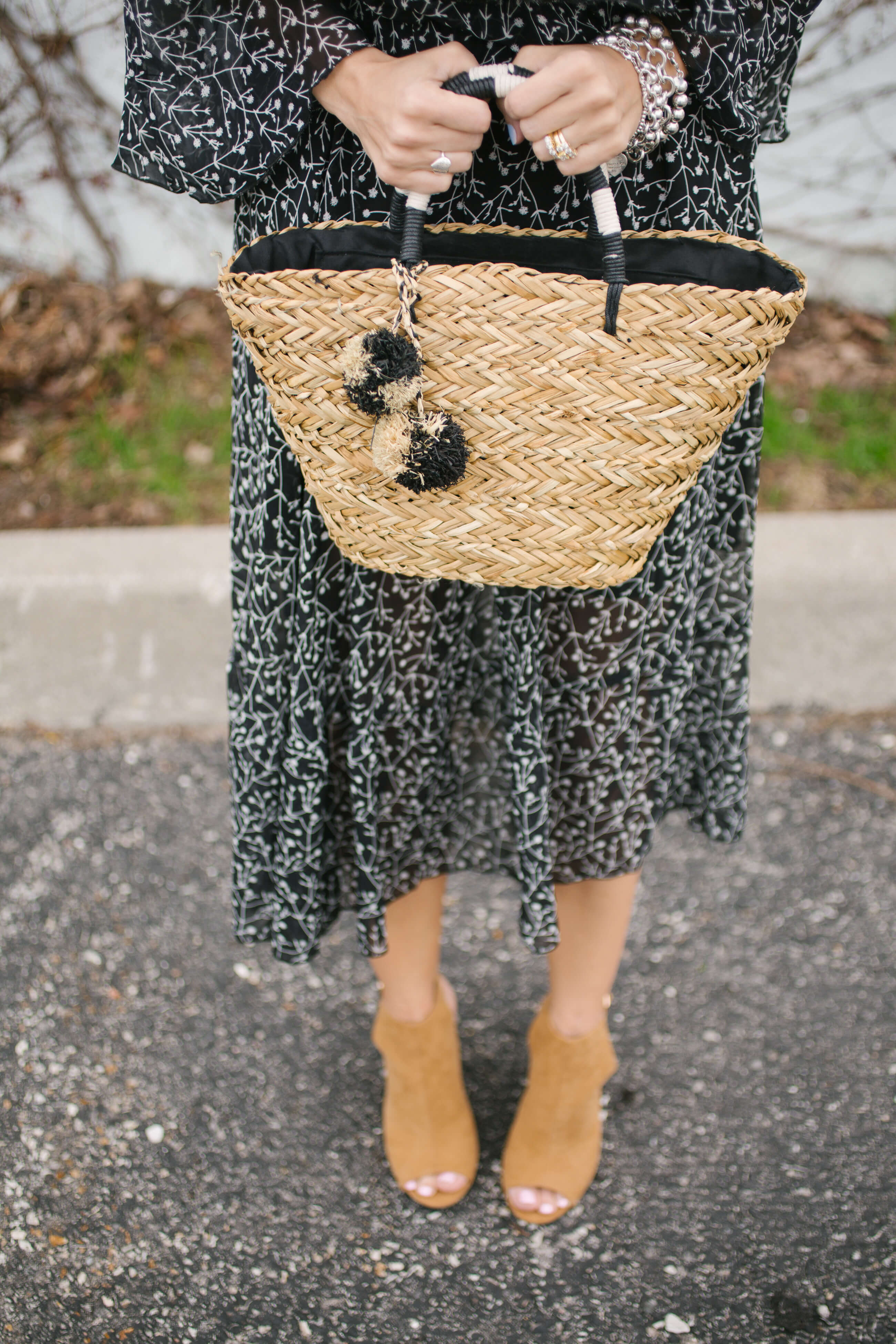 Ruffled floral maxi chicwish, straw bag, open toe booties, summer maxi look sparkleshinylove
