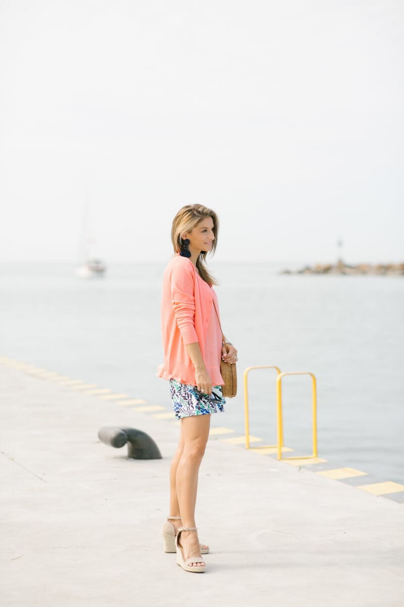 Easy summer look with patterned shorts, coral cami, and coral cardigan with tassel earrings and straw bag; sparkleshinylove colourful summer look