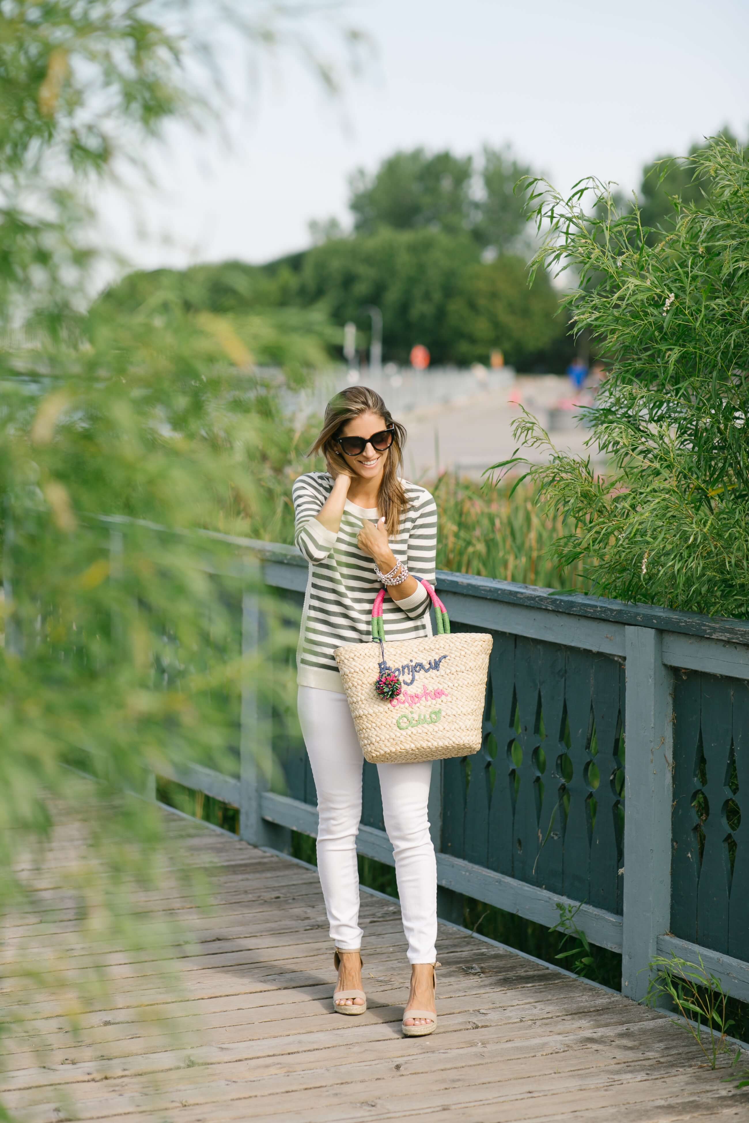 Talbots Crochet-side stripe sweater, talbots straw bag; summer stripes look with straw beach bag mandy furnis sparkelshinylove