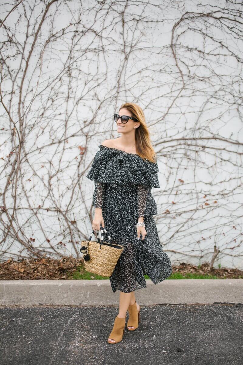 Ruffled floral maxi chicwish, straw bag, open toe booties, summer maxi look sparkleshinylove