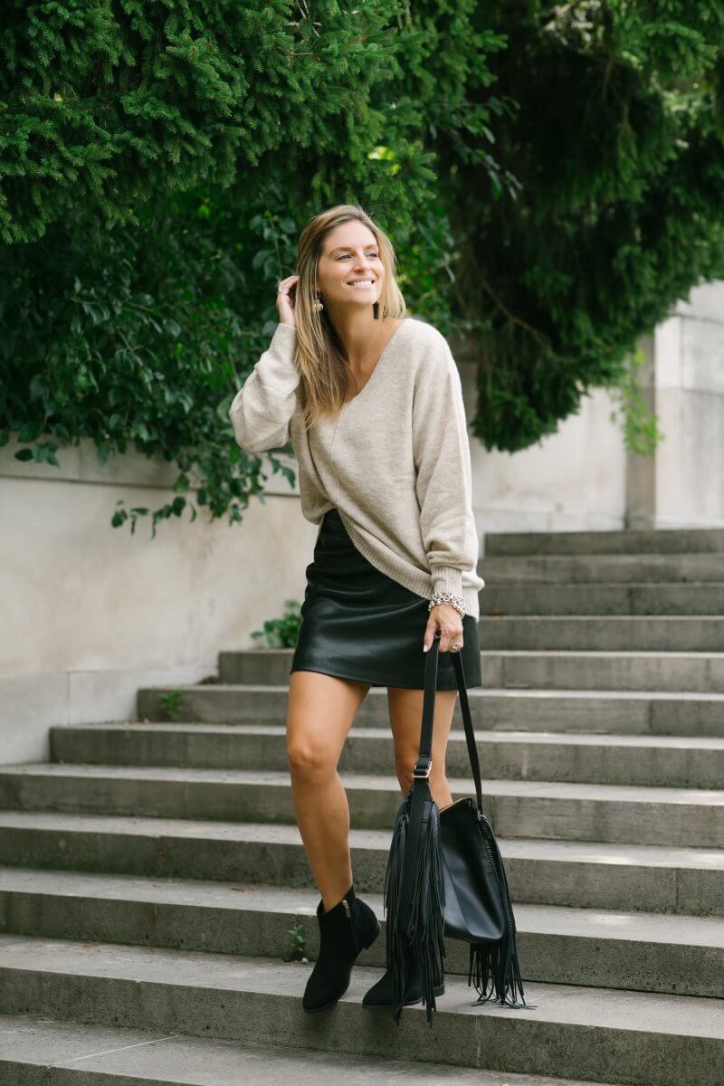 Fall style with H&M; oversized sweater with leather skirt and booties; sparkleshinylove mandy furnis