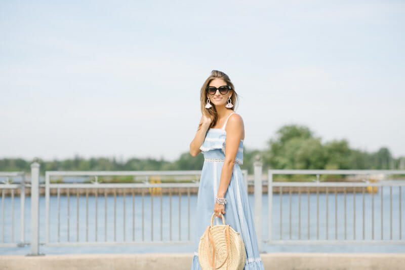 Summer wedding outfit ideas - ruffle maxi dress, round straw bag and espadrilles Mandy Furnis sparkleshinylove