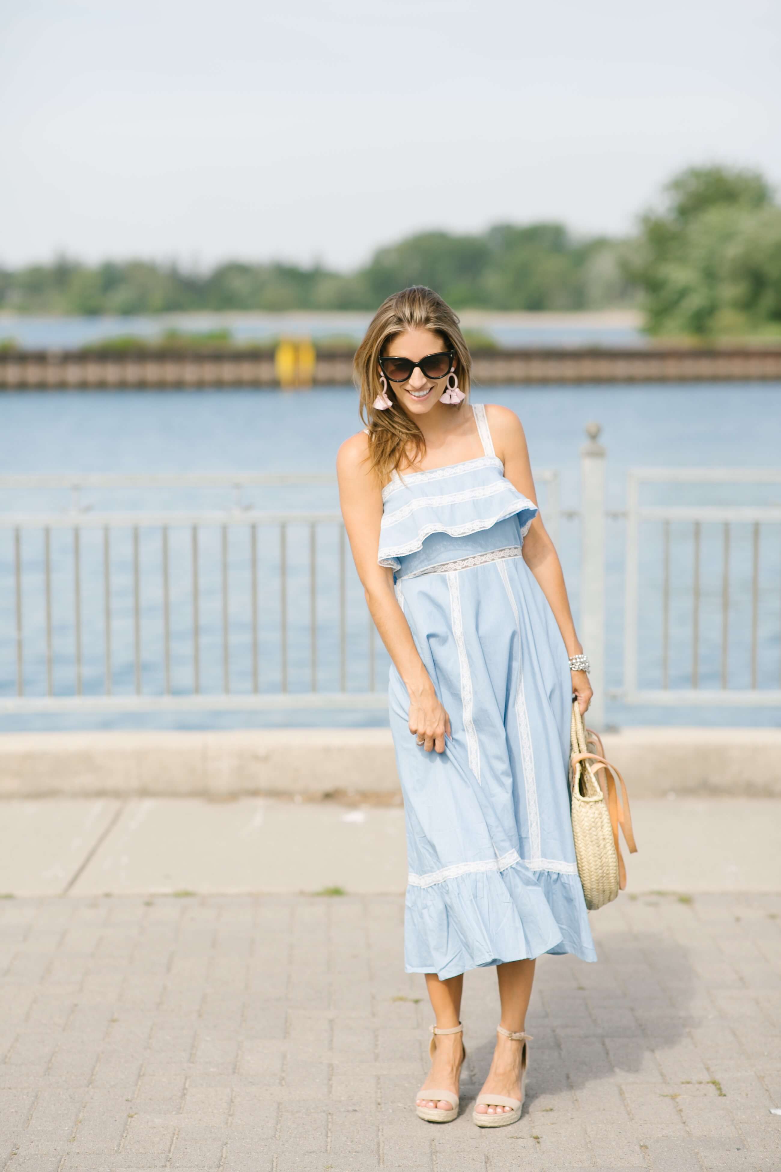 Summer wedding outfit ideas - ruffle maxi dress, round straw bag and espadrilles Mandy Furnis sparkleshinylove