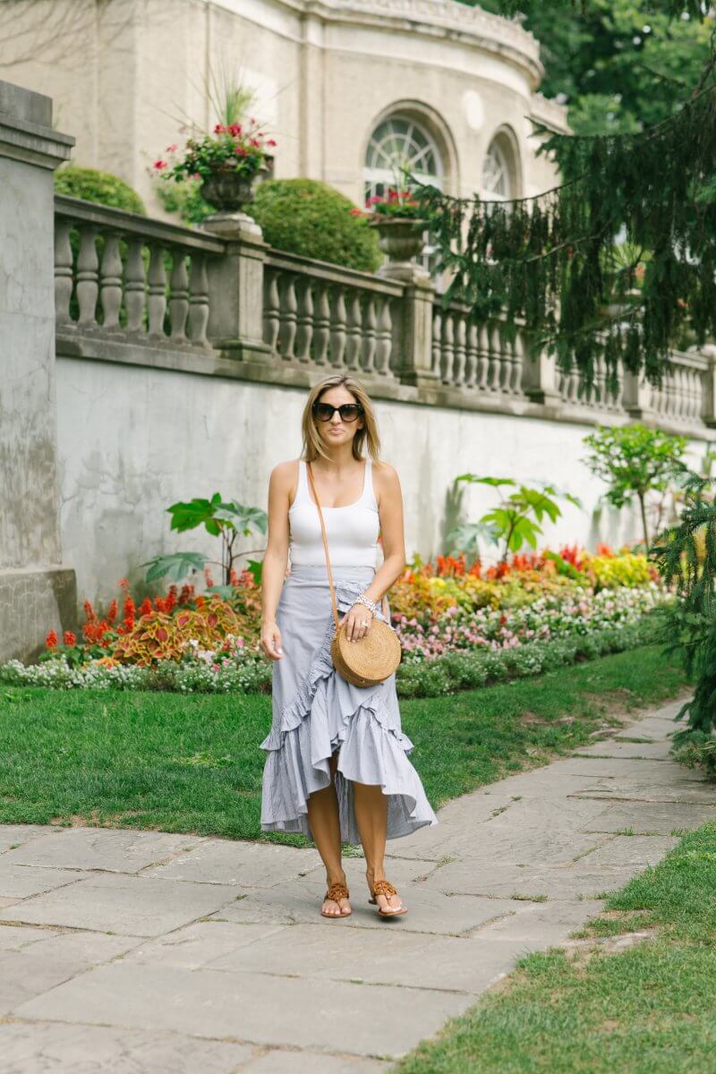 Ruffle maxi skirt paired with Tory Burch Miller sandals and round straw crossbody bag; sparkleshinylove Mandy Furnis; Whitby blogger