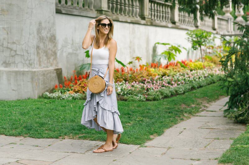 Ruffle maxi skirt paired with Tory Burch Miller sandals and round straw crossbody bag; sparkleshinylove Mandy Furnis; Whitby blogger