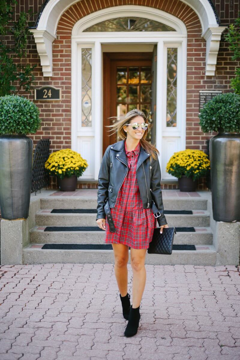 Favourite fall outfit! Plaid dress, leather moto jacket, black booties, chanel quilted clutch; whitby blogger sparkleshinylove