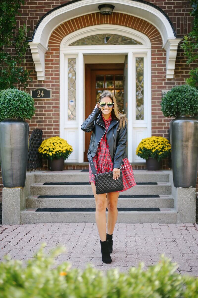 Favourite fall outfit! Plaid dress, leather moto jacket, black booties, chanel quilted clutch; whitby blogger sparkleshinylove