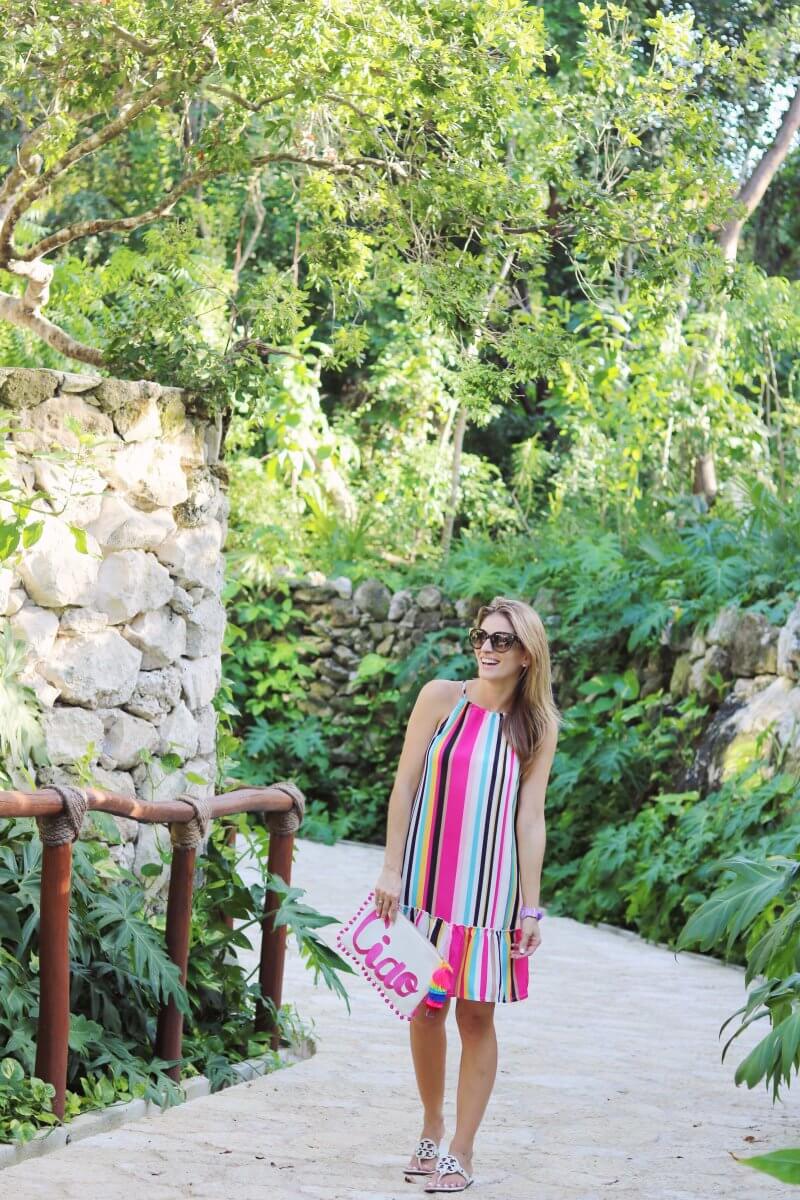 Colourful vacation dress, white Tory Burch sandals, caio clutch bag; sparkleshinylove what to wear on vacation