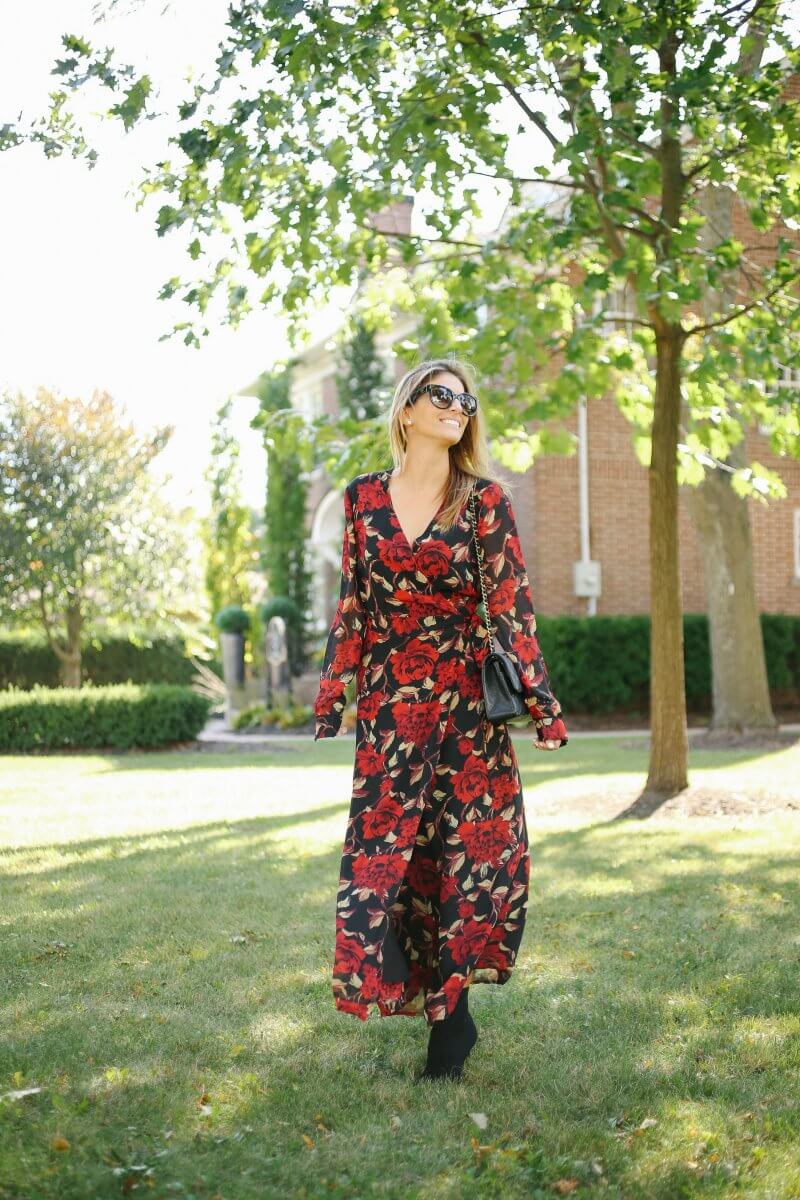 Beautful fall maxi dress from Suzy Shier paired with black pointed toe booties and a Chanel classic flap bag; whitby blogger Mandy Furnis sparkelshinylove