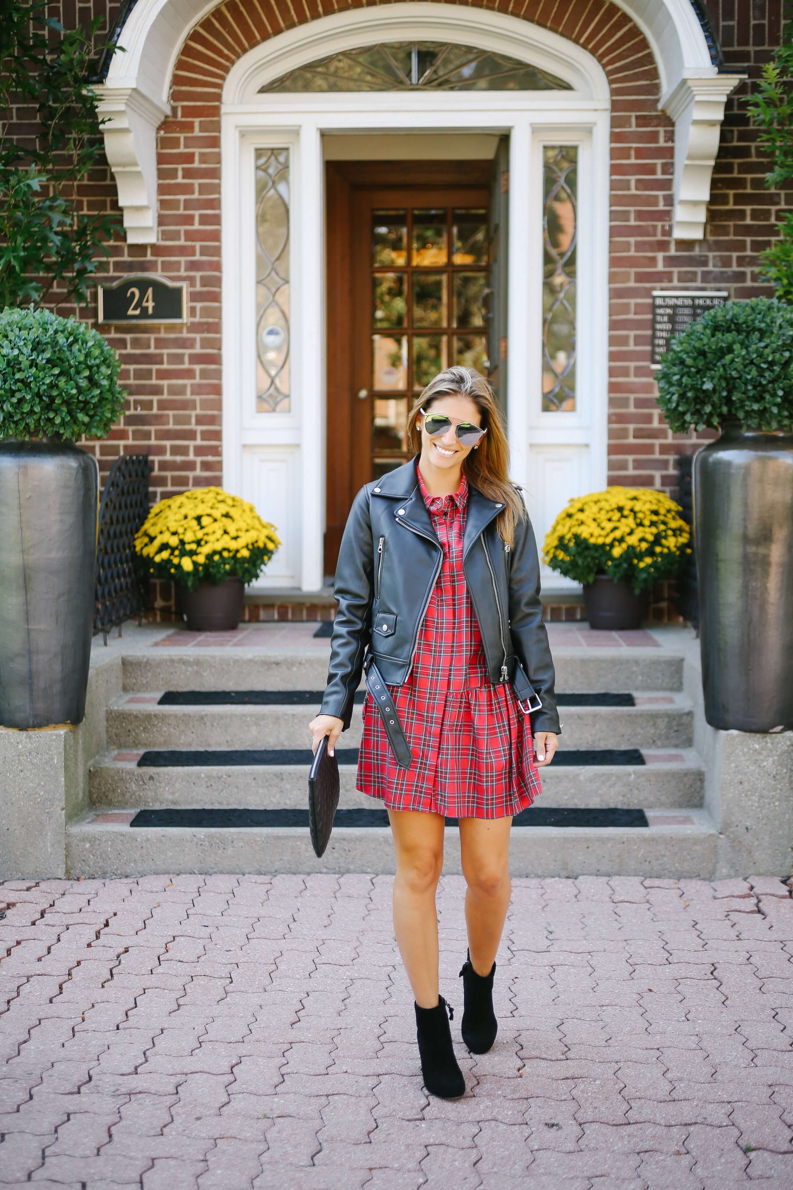 Favourite fall outfit!  Plaid dress, leather moto jacket, black booties, chanel quilted clutch; whitby blogger sparkleshinylove