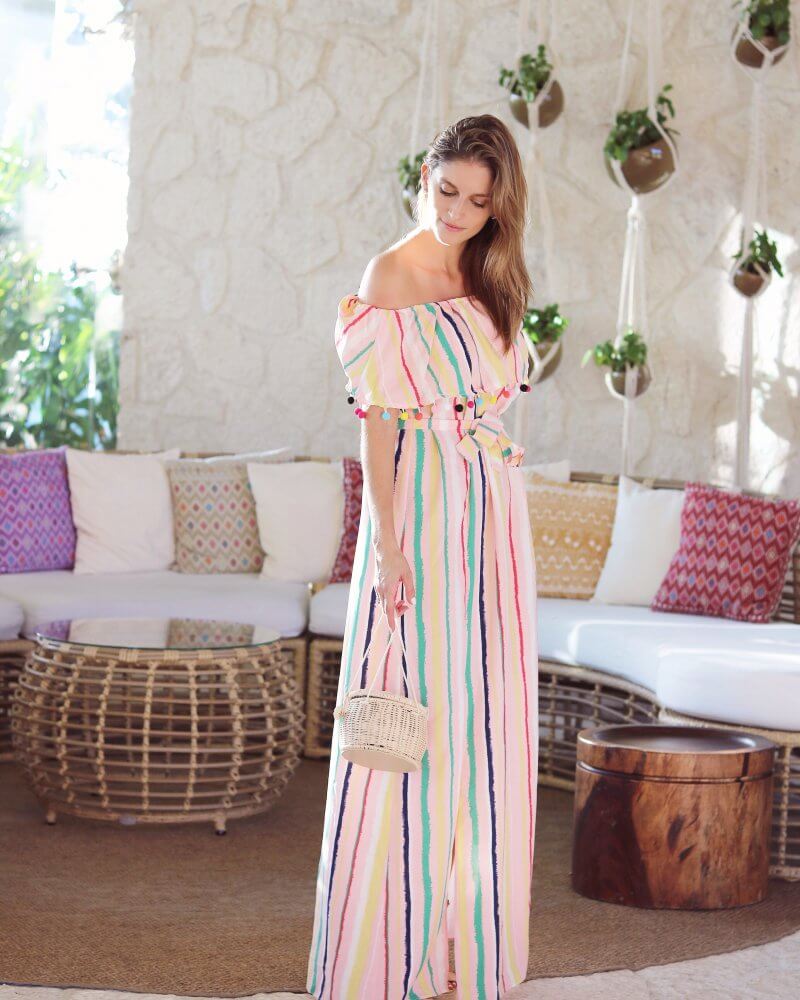 what to wear on vacation; pom pom striped dress, tory burch miller sandals
