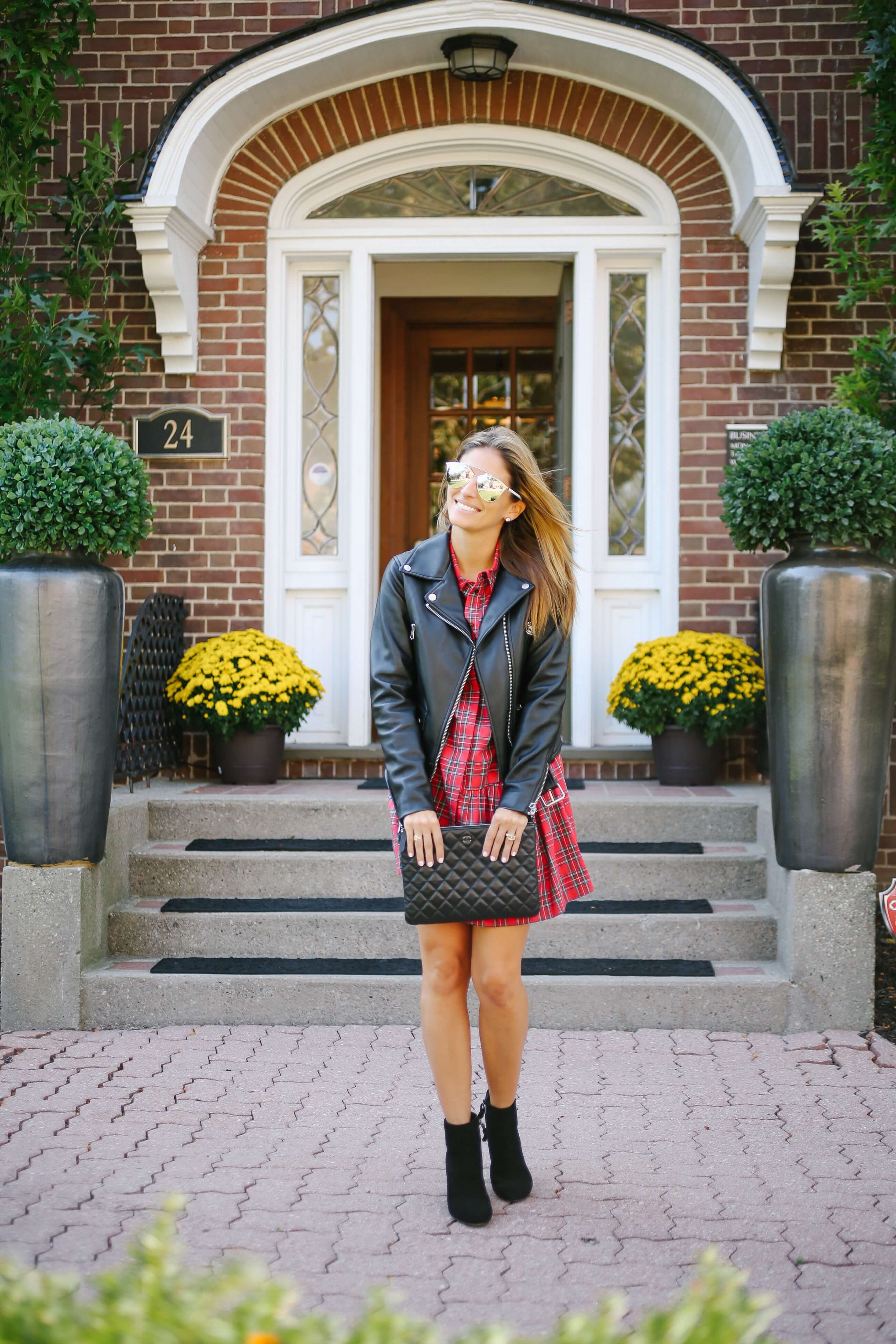 Favourite fall outfit!  Plaid dress, leather moto jacket, black booties, chanel quilted clutch; whitby blogger sparkleshinylove