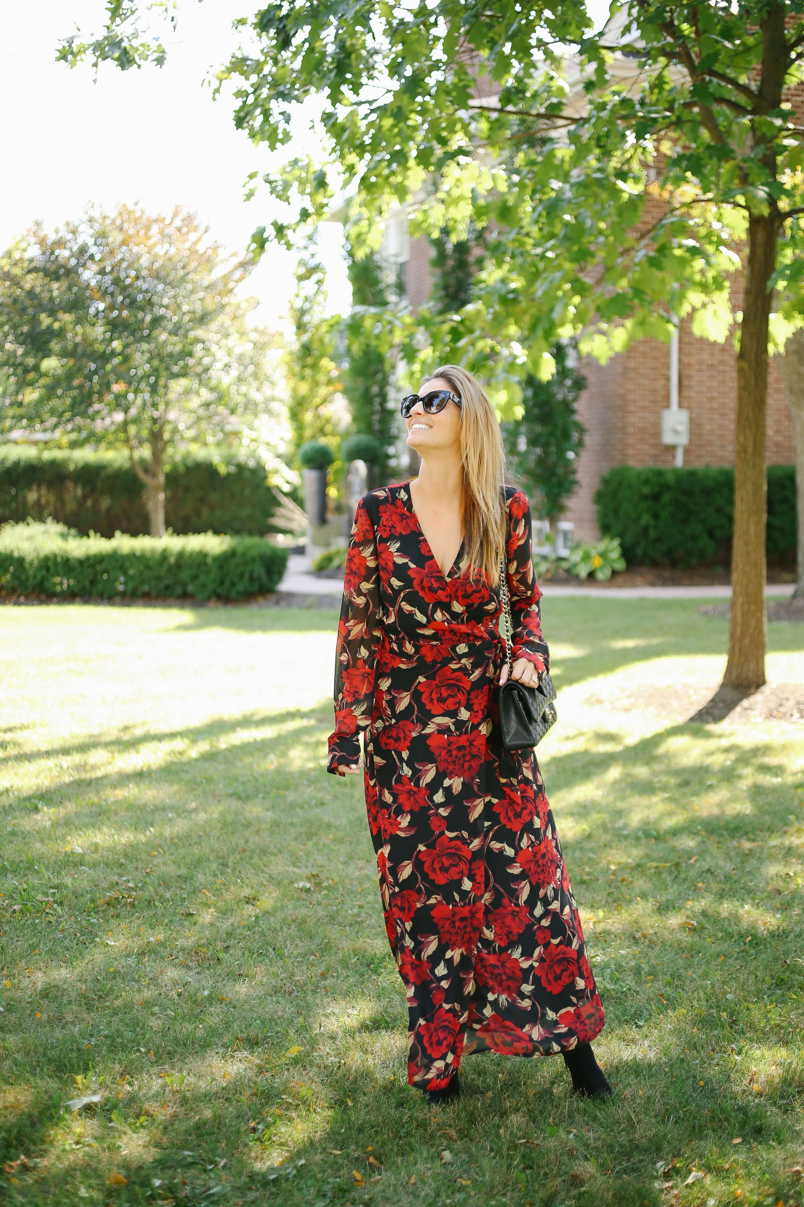 Beautful fall maxi dress from Suzy Shier paired with black pointed toe booties and a Chanel classic flap bag; whitby blogger Mandy Furnis sparkelshinylove