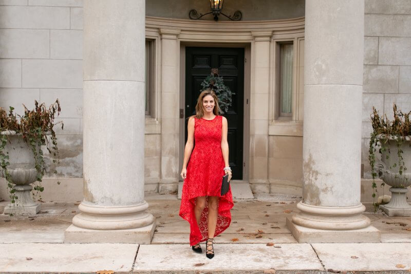 Red Holiday Party Dress; the prettiest holiday party dress; Suzy Shier Lace and Sequined High Low Dress suzy shier; sparkleshinylove holiday party style