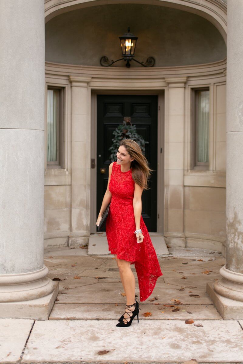 Red Holiday Party Dress; the prettiest holiday party dress; Suzy Shier Lace and Sequined High Low Dress suzy shier; sparkleshinylove holiday party style