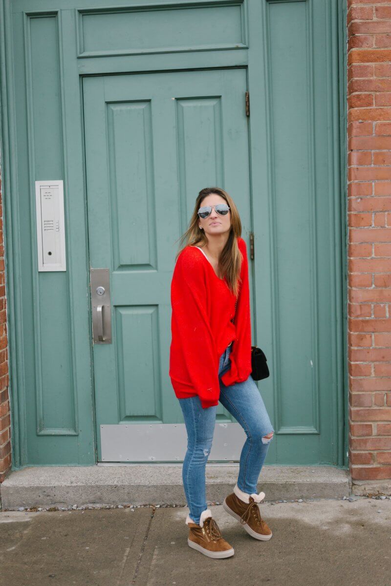 styling the Cougar Dublin Suede Hi-top Sneaker with a red sweater and gucci belt for winter; sparkleshinylove