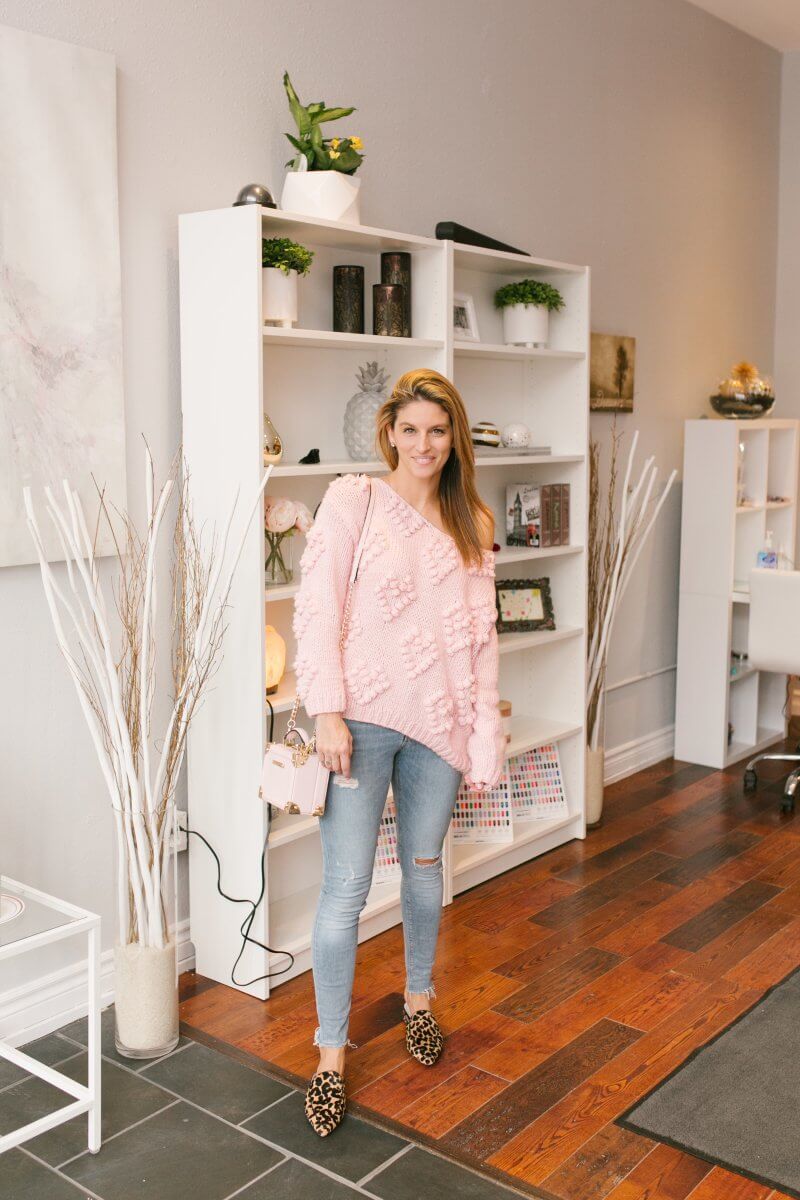 Knit Your Love V-Neck Sweater in Pink chicwish; leopard loafers; Le Chic Boutique Whitby