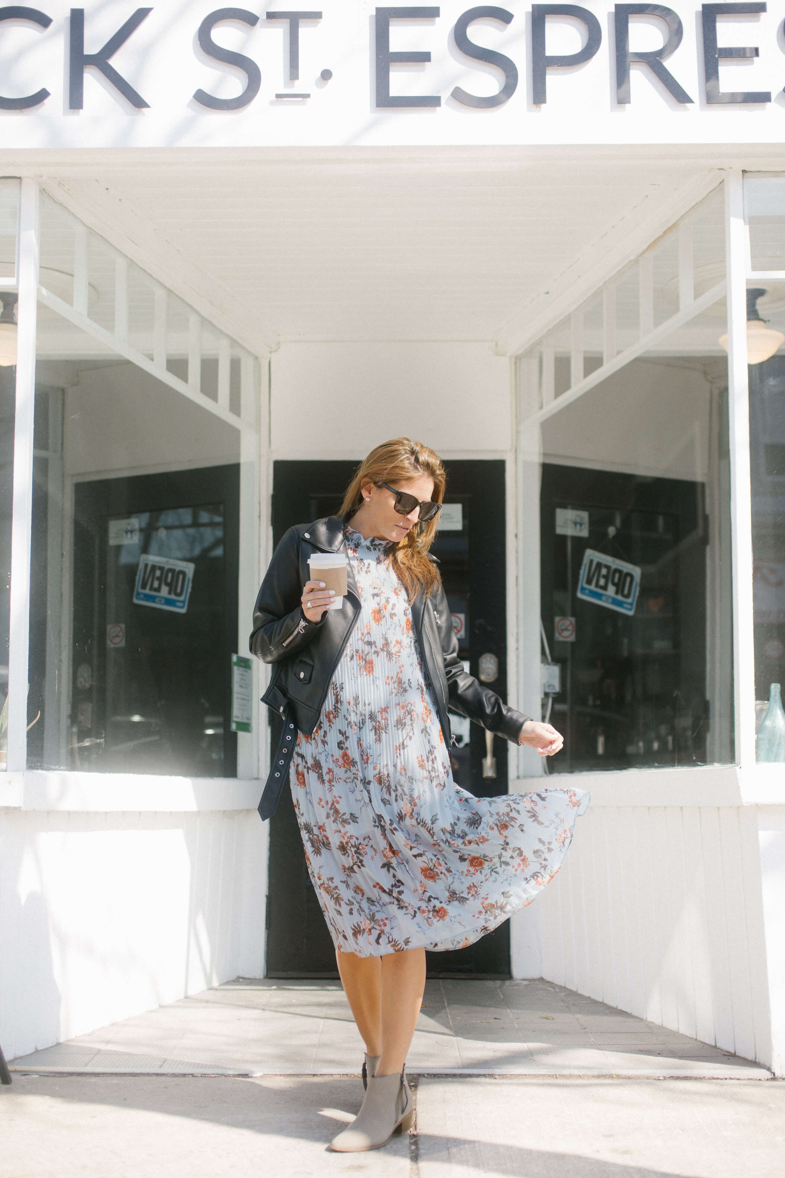 Floral maxi dress with a leather jacket; gucci sunglasses; Brock Street Espresso; mandy furnis sparkleshinylove; whitby blogger