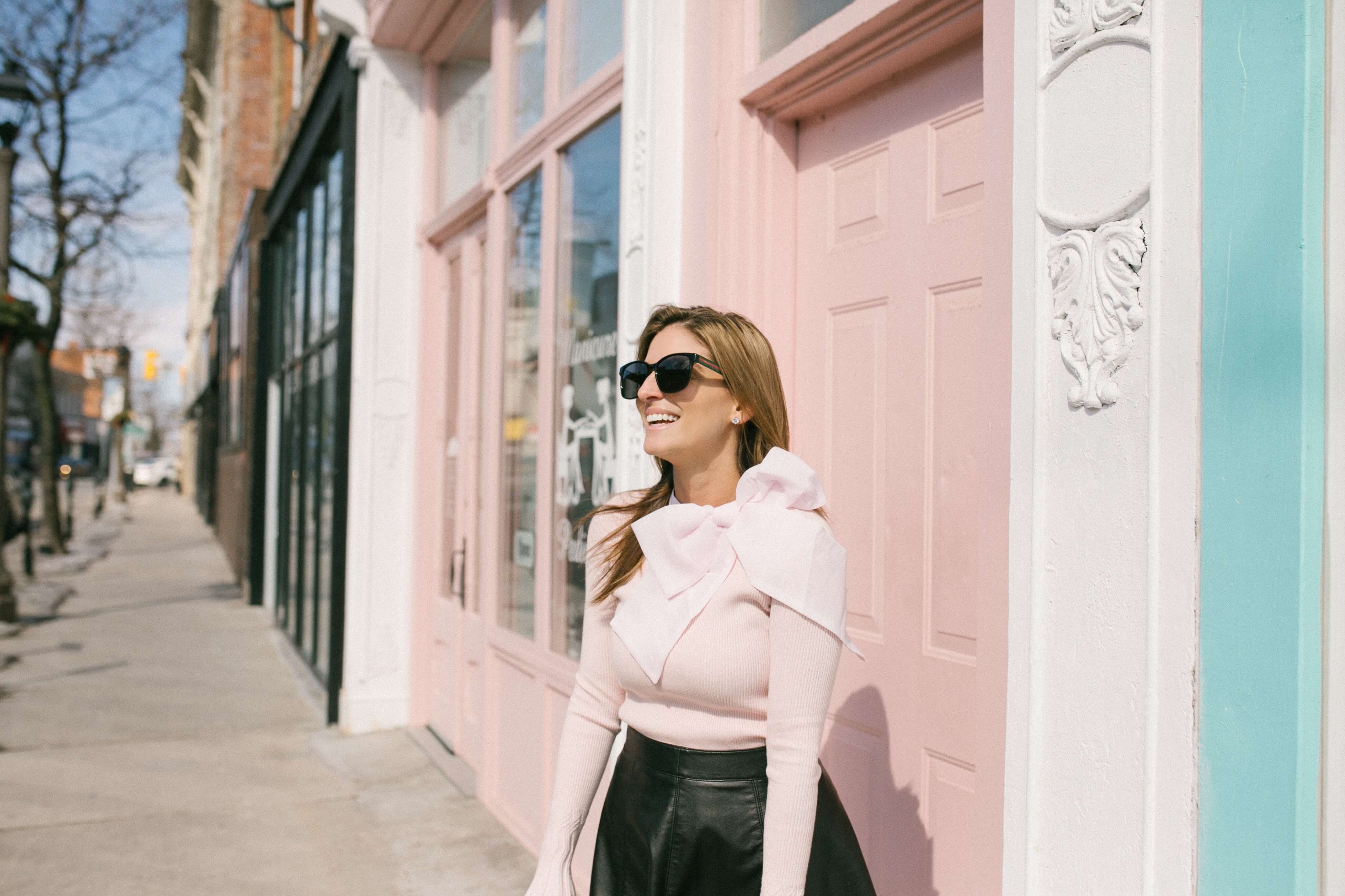 Pink Bow top with leather skirt; mandy furnis whitby blogger sparkleshinylove