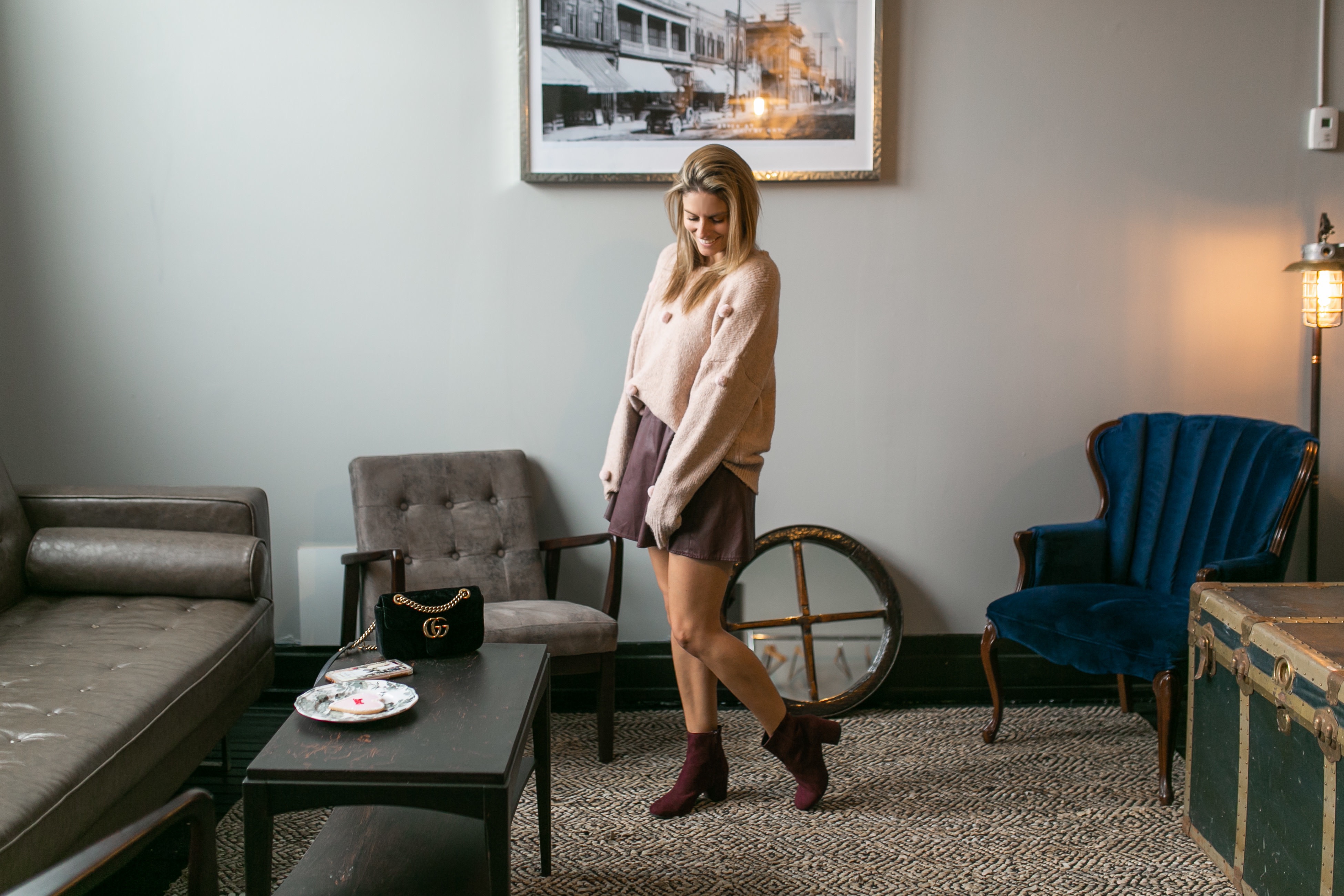 pom pom Chicwish sweater, leather skirt, plum suede boots; winter style; Brock St. Espresso