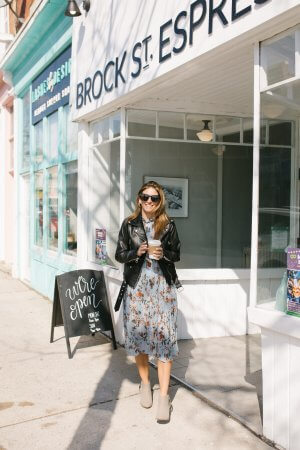 Floral maxi dress with a leather jacket; gucci sunglasses; Brock Street Espresso; mandy furnis sparkleshinylove; whitby blogger