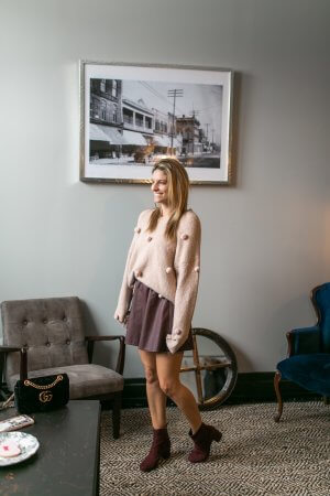 pom pom Chicwish sweater, leather skirt, plum suede boots; winter style; Brock St. Espresso