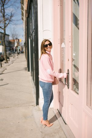 Pink sweater with heart patches, pink christian louboutins; sparkleshinylove mandy furnis