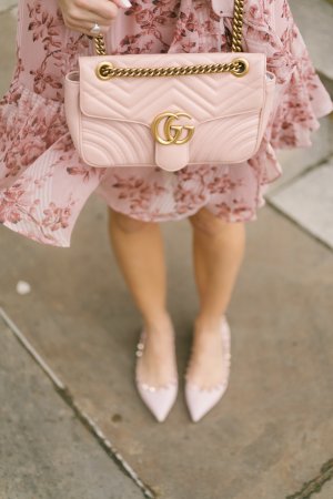 Chicwish Bomb of Love Floral Chiffon Dress in Pink; pretty pink summer dresses; pink gucci bag; pink valentino rock studs; sparkleshinylove whitby blogger mandy furnis
