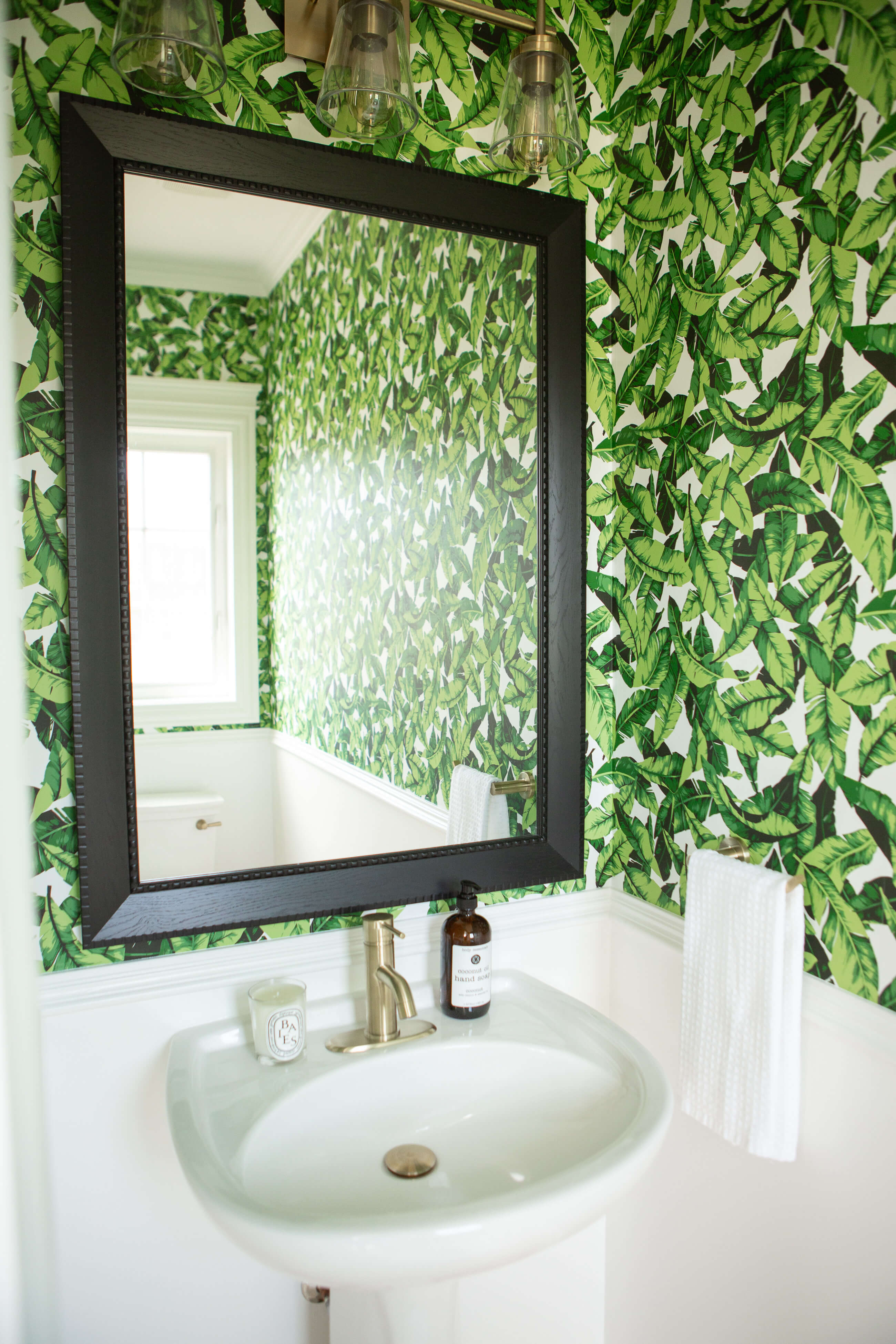 Home Depot Canada tropical bathroom makeover with sparkleshinylove; palm print wallpaper; palm print bathroom; RoomMates Palm Leaf Peel & Stick Wallpaper