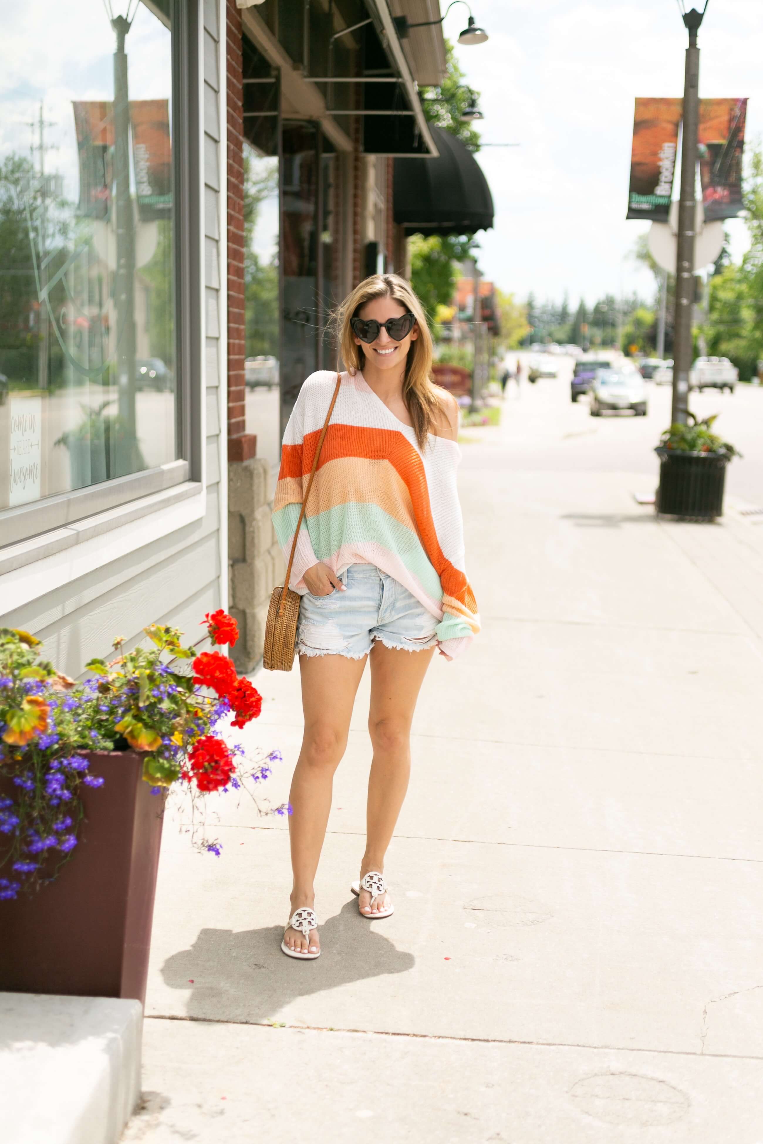 Summer sweater; urban outfitters striped sweater; tory burch miller sandals; round straw bag; mandy furnis sparkleshinylove