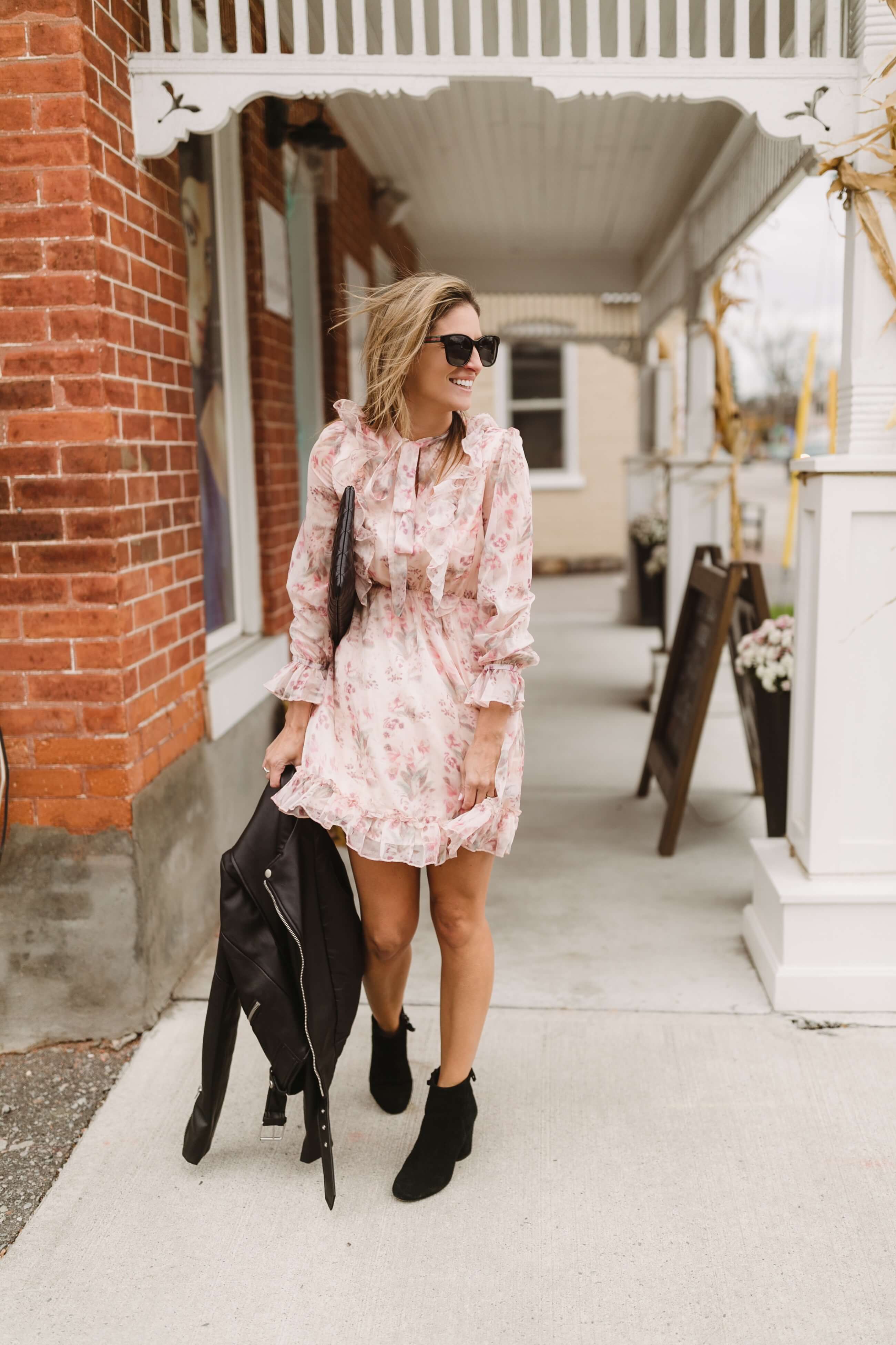 Winter floral dress with leather jacket; Mandy FURNIS sparkleshinylove